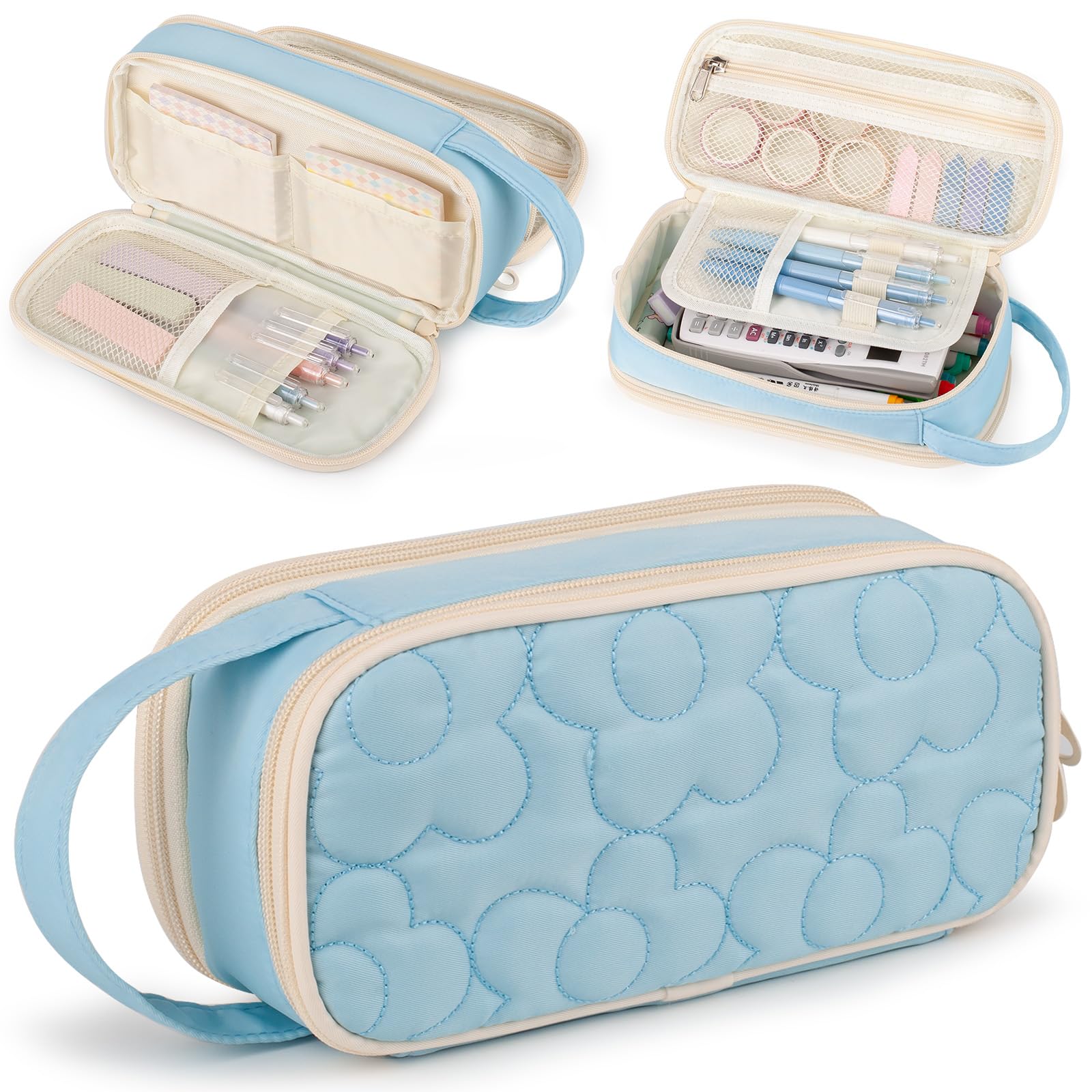 Bunnychill Pencil Case For Girls,Flower Quilted Large Capacity Pencil Pouch With 2 Compartment, Zipper Pencil Bag With Handle, Women Soft Pencil Box For Middle School Office College