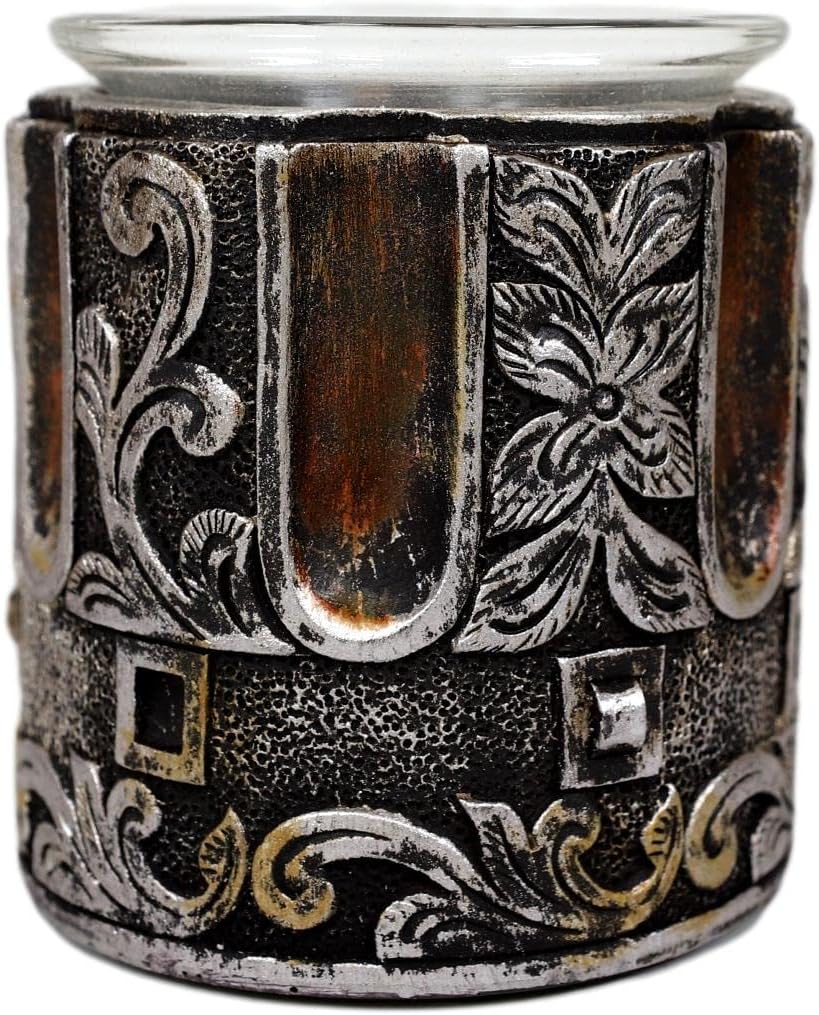 Ebros Gift Set of 2 Rustic Old World Western Outlaw Cowboy Six Shooter Revolver Pistol Gun Floral Scroll Art Bullet Barrel Chamber Shaped Votive Tea Light Votive Candle Holders Candleholder Figurines