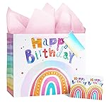 LaRibbons 13 Large Rainbow Birthday Gift Bag with Tissue Paper and Greeting Card, Pink with Holographic Design, Perfect for Girls and Kids Birthday