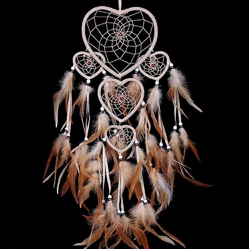 WESTONETEK Large Handmade Dream Catcher Traditional Dreamcatcher Feather Wall Hanging Decoration Ornaments Five Hearts Beige