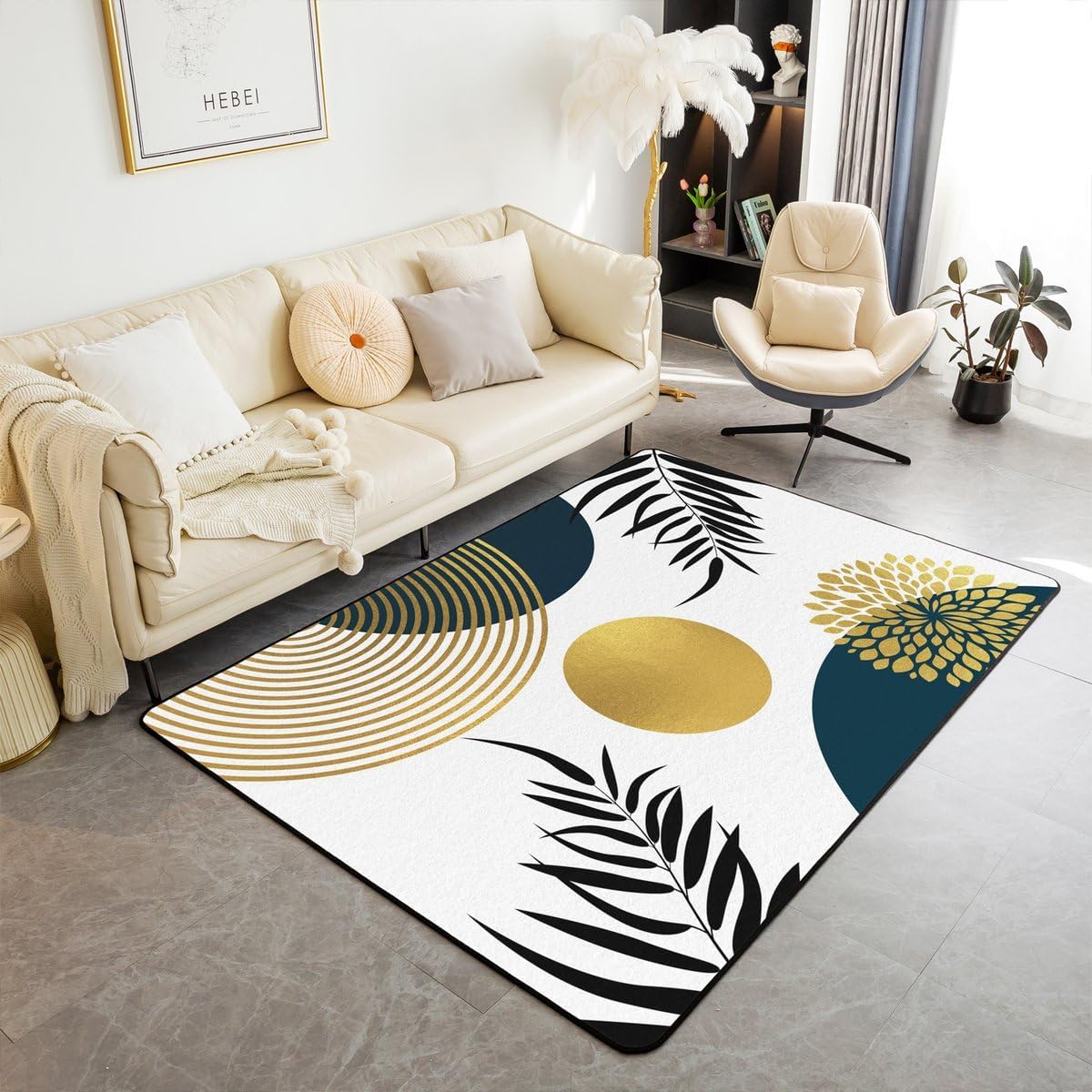 Erosebridal Navy Blue Gold Mid Century 6'6" X 4'11" Living Room Rugs, Modern Boho Abstract Geometric Area Rug, Minimalist Aesthetic Decorative Carpets, Palm Leaves Botanical Chic Non Slip Accent Rug