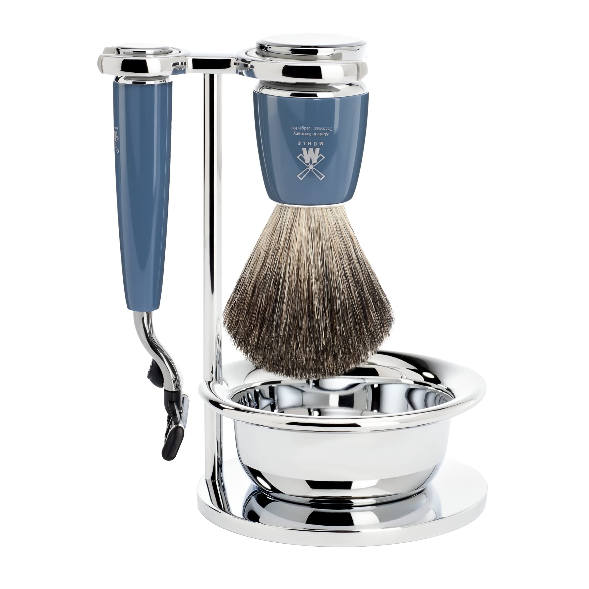 MÜHLE Set di rasatura con ciotola, serie Rytmo, peli di tasso puro, compatibile con lame Gillette, resina preziosa, petrolio