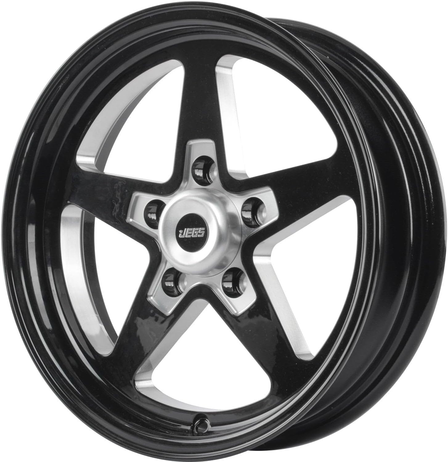JEGS SSR Star Aluminum Wheel 15in.x 4in.| 5 x 4.75in.Wheel Bolt Pattern Spacing | -19 mm Offset | 1.75in.Backspacing | Gloss Black Powder Coat | 3.27in.Center Bore | Includes Center Cap