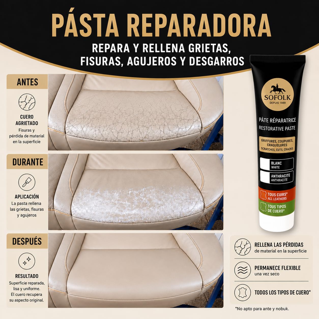 SOFOLK Pasta de reparación de cuero/falso cuero : grietas, grietas, gato de cocina, agujeros, peladuras (BLANCO)