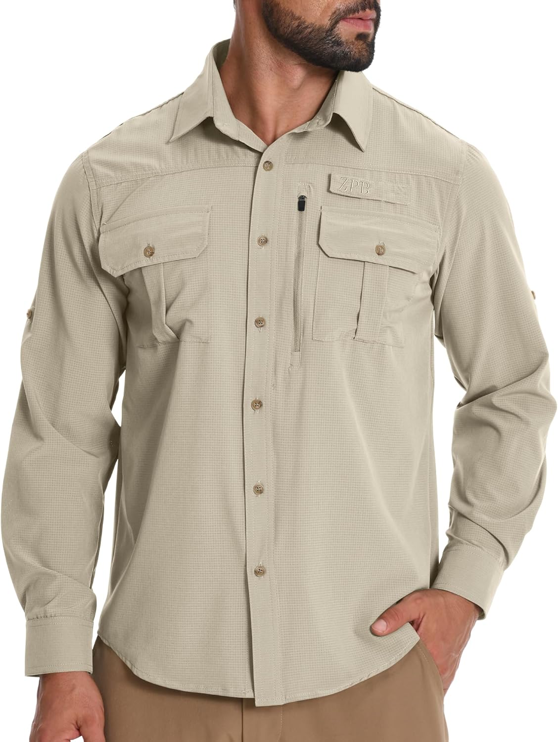 Men's Fishing Shirts with Zipper Pockets Sun Protection UPF 50+ Quick Dry Long Sleeve Hiking Shirt for Travel Safari - Image 2
