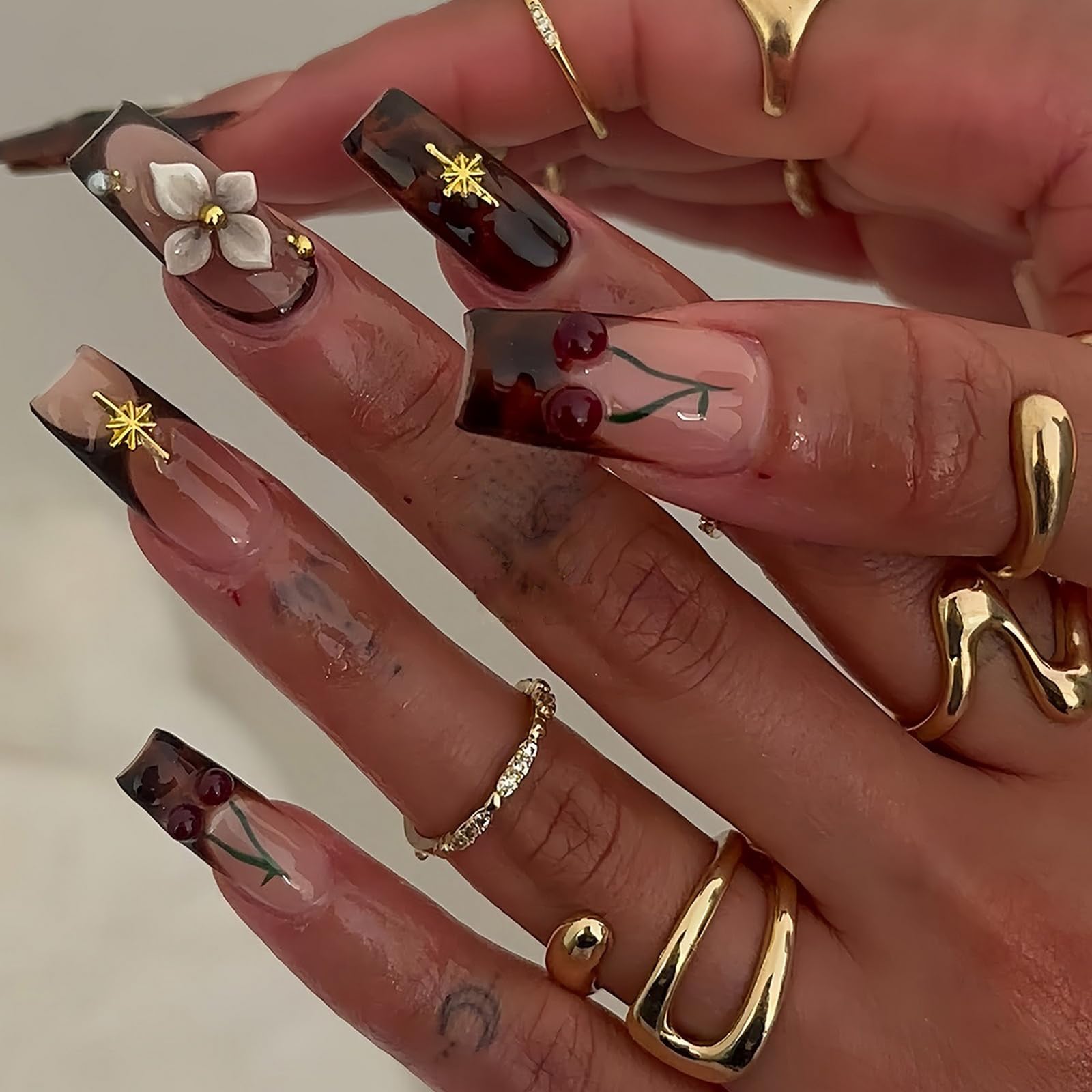 3D Press on Nails Medium Square MABKJLF Brown French Tip Fake Nails Flower False Nails with Designs Cherry Gold Stars Glossy Glue on Nails Stick on