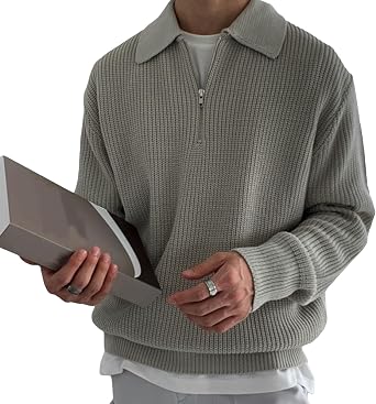 Mens Simple Ribbed Zipper Long Sleeve Quarter-Zip Knit Pullover Sweater Casual Versatile Polo Sweatshirt