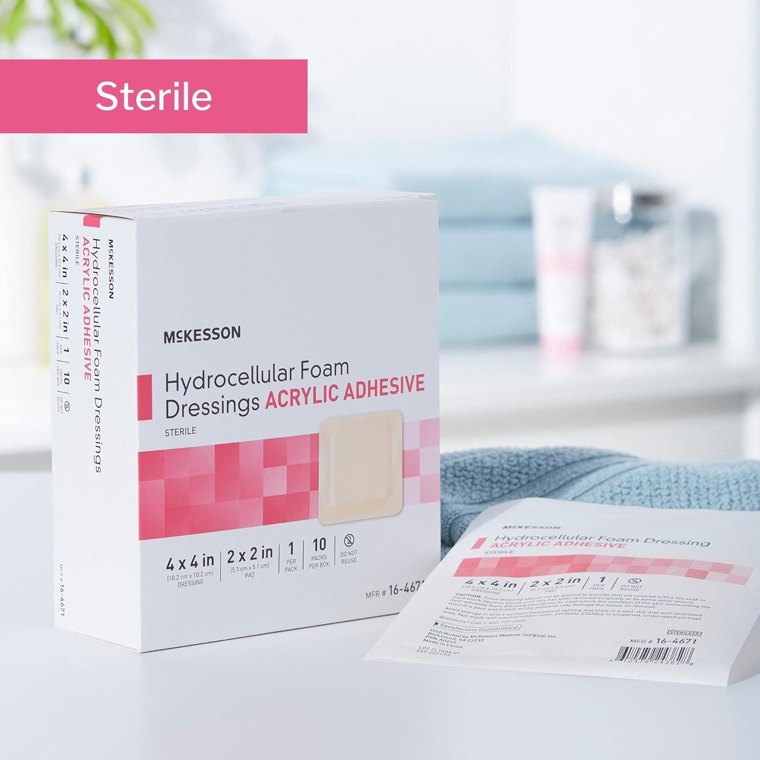 McKesson Hydrocellular Foam Dressings, Sterile, Acrylic Adhesive with Border, 4 in x 4 in, 10 Count, 10 Packs, 100 Total