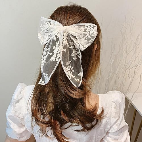 Miniatura 4 de Pinzas de lazo de encaje beige grandes para mujer, elegantes y bonitas, lazos de lazo de tul, lazos de cinta para niñas, cabello nupcial, uso diario