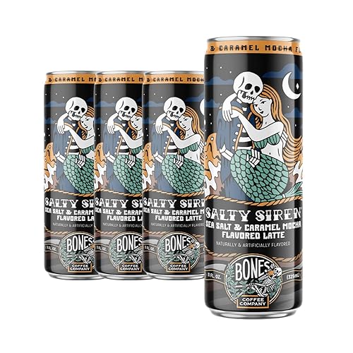Bones Coffee Company Salty Siren Latte Flavored Coffee, Medium Roast Ready To Drink Iced Coffee in Can, 11 Fl Oz Can (4 Pack) - Salted Caramel Mocha - 11 Fl Oz (Pack of 4)