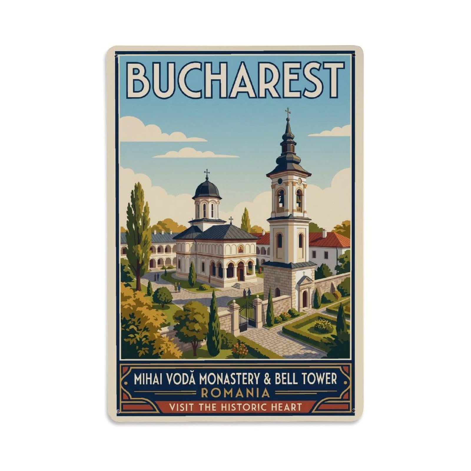 Vintage Travel Bucharest Mihai Voda Monastery Clean Romania Metal Tin Sign Plaque Wall Decor for Cafe, Club Bar, Office, Home Garden Metal Poster 8x12Inch