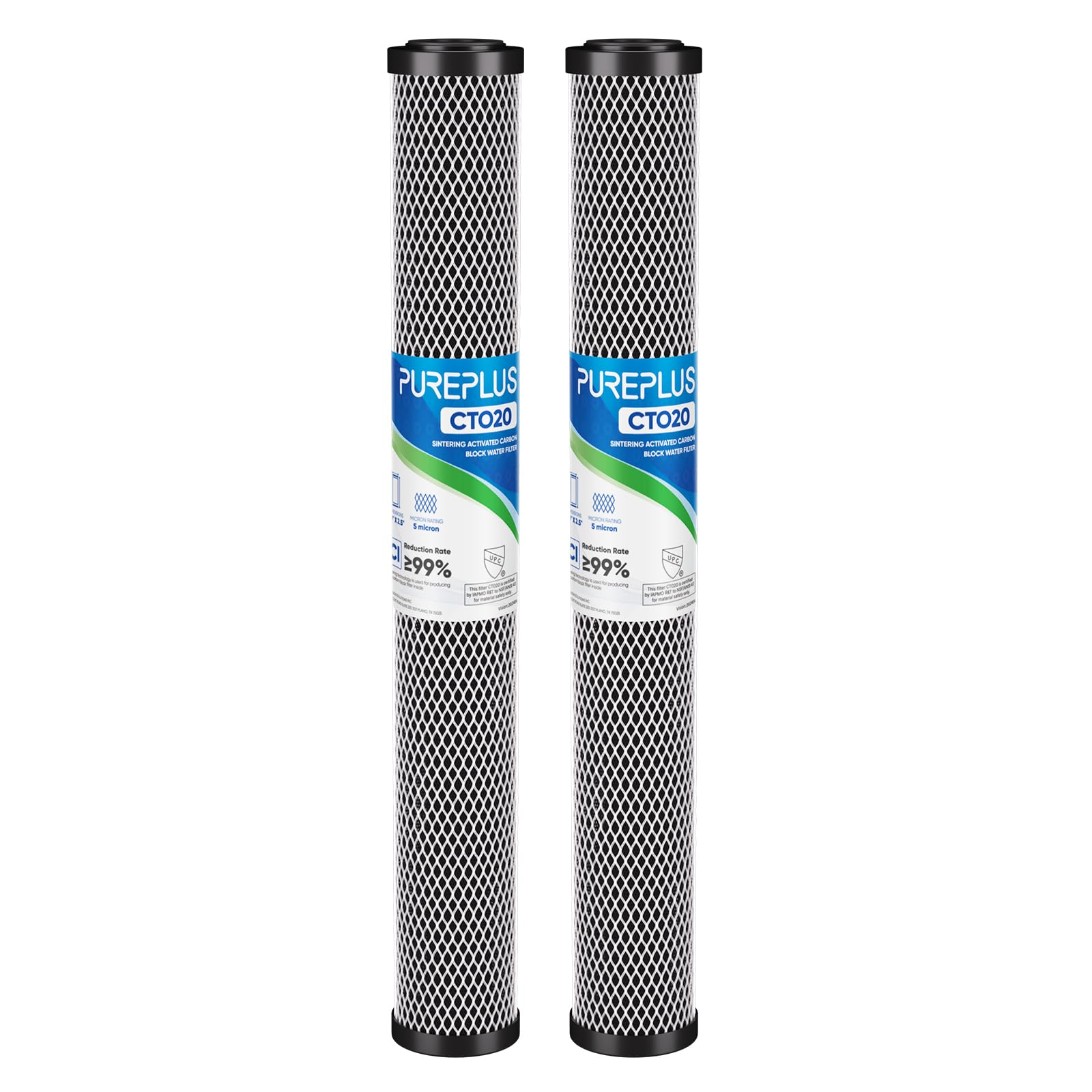PUREPLUS Lot de 2 cartouches de filtre à eau à sédiments carbone CTO pour toute la maison C1-20, EP-20, HX-CB-25-2010, F3WCB32, 5 microns 50,8 x 6,3 cm