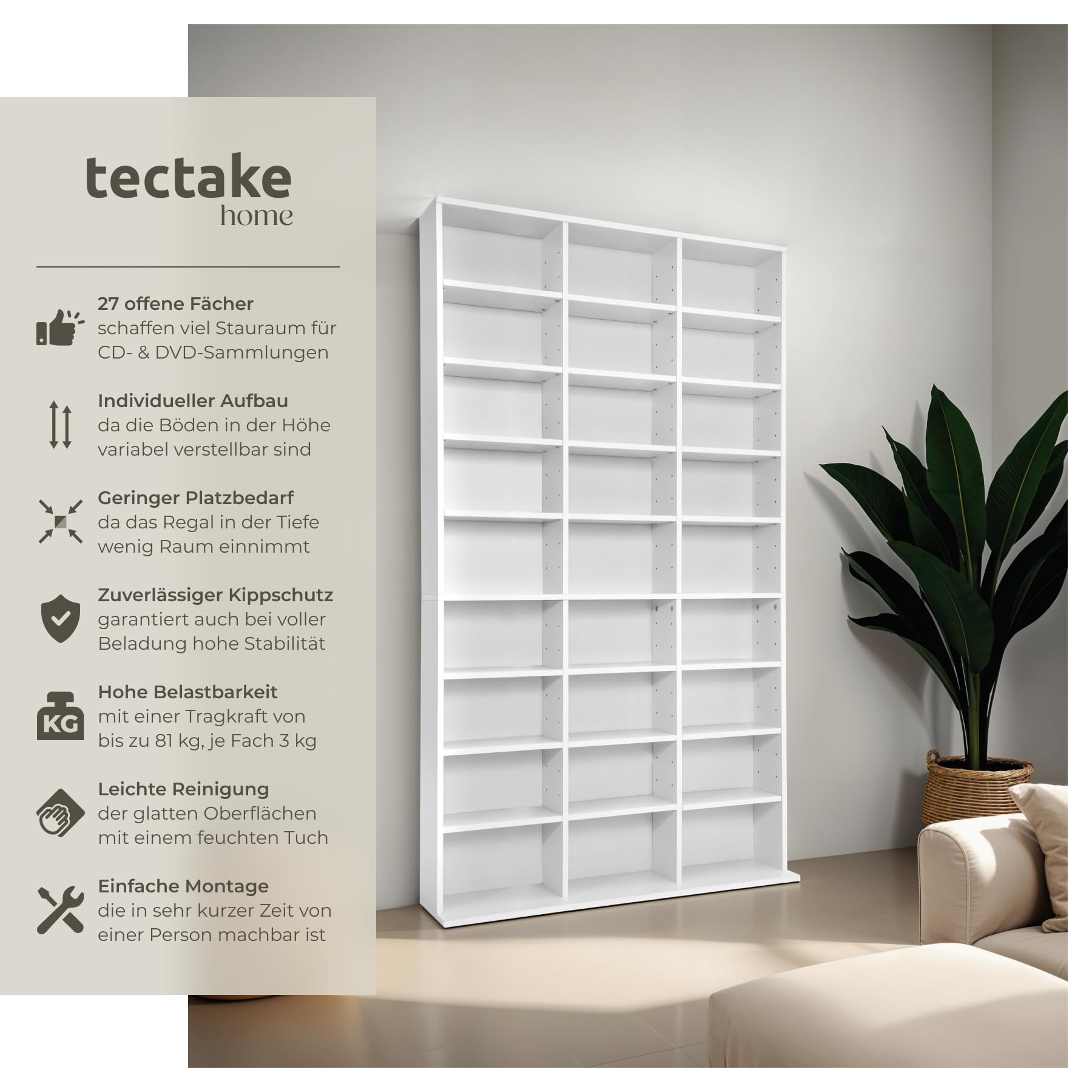tectake Regal Aufbewahrung, offene Schrank Wand stehend für CDs, DVDs, als Bücherregal, Raumtrenner, Ständer oder Vitrine für Sammlungen und Hobby - weiß