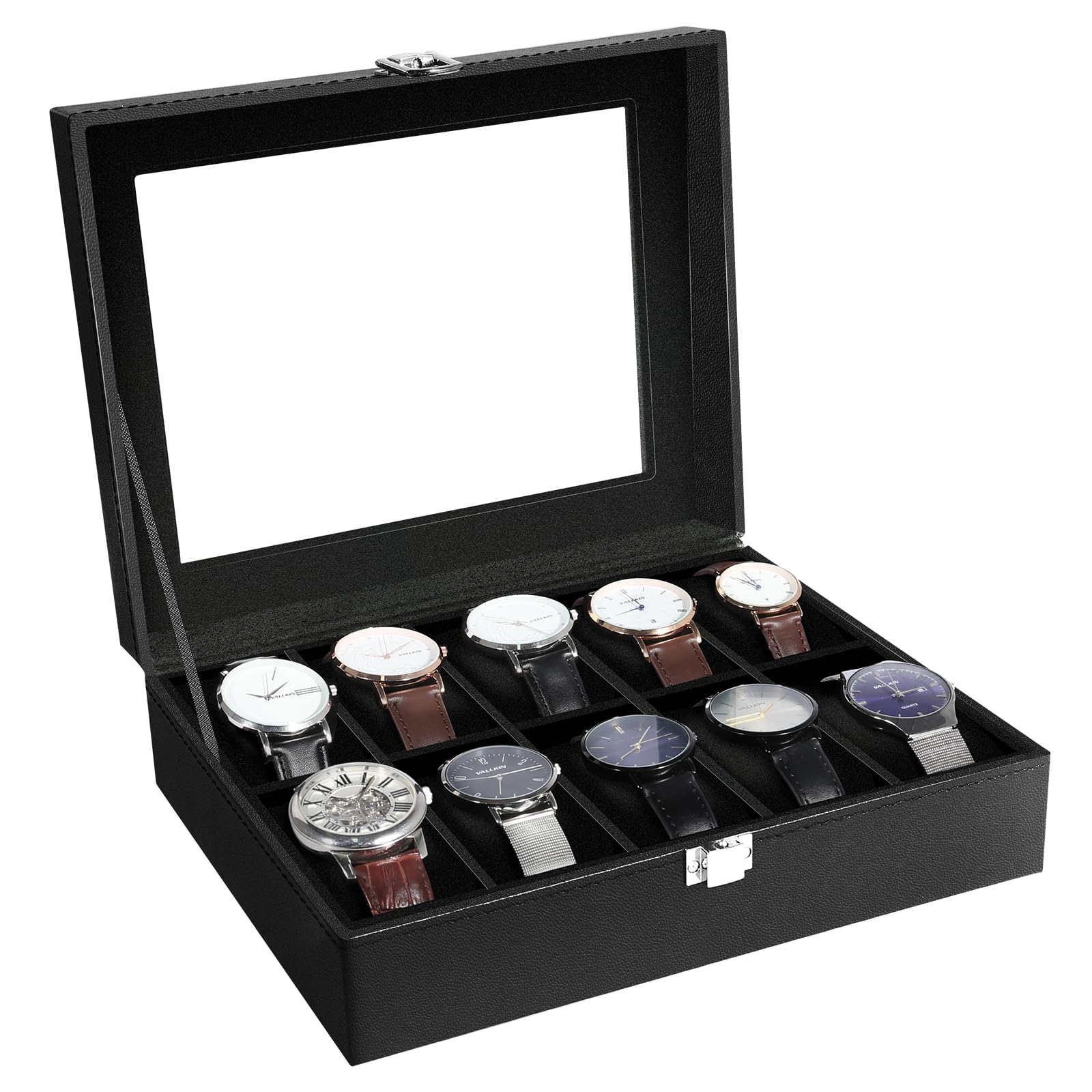 Uten Watch Box 10 Slots for Men, Leather, Large Glass Lid Black