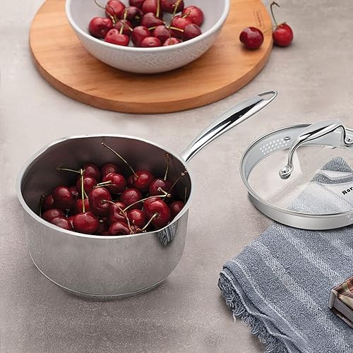 Miniatura 6 de Rorence Sartén de acero inoxidable cacerola con boquillas de vertido, parte inferior de cápsula y tapa de vidrio templado, 2.5 cuartos de galón