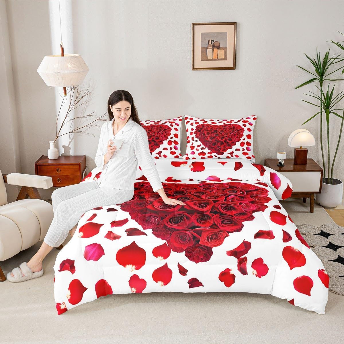 Red Heart Comforter Set Twin Size,Rose Floral Petals Bedding Set 2pcs for Man Woman Adult Room Decor, Valentine's Day Gift Quilt Set Wedding White Romantic Duvet Insert with 1 Pillowcase