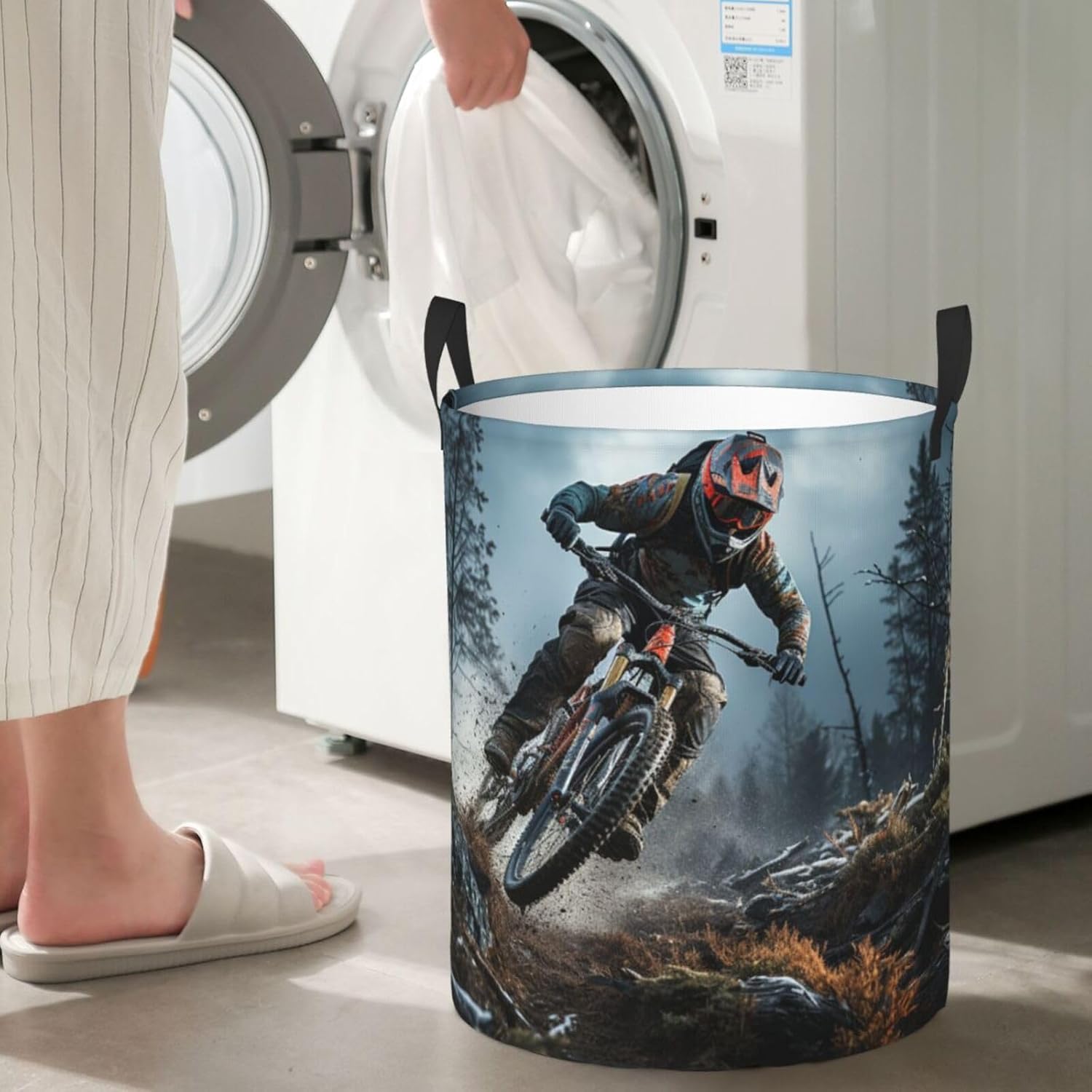 Laundry Basket Mountain Bike Tournament Laundry Hamper Round Storage Basket with Handles Waterproof Clothes Organizer Basket for Bathroom Dirty Clothes Hamper for Living Room Bedroom