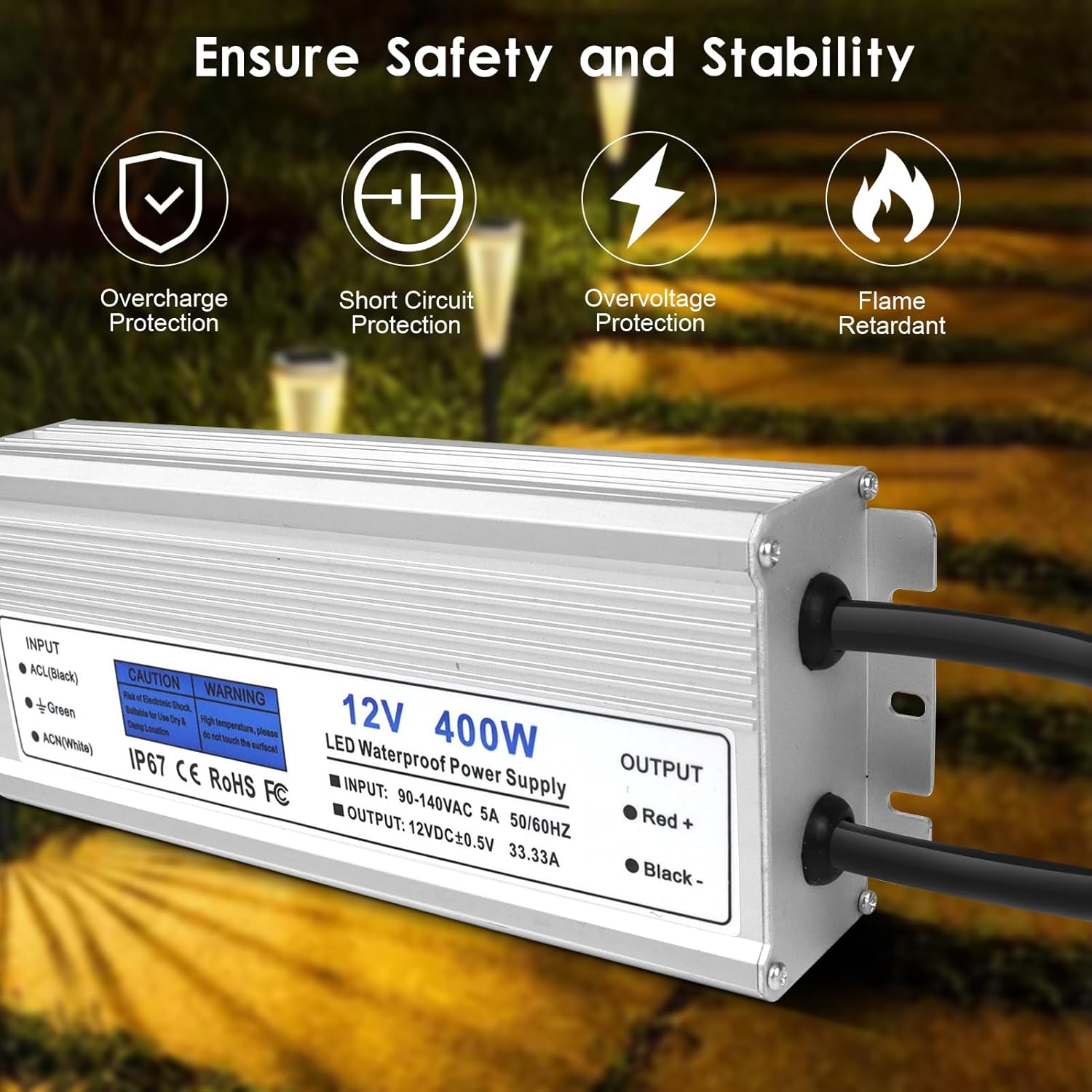 LED Driver 400 Watts, IP67 Waterproof 12V Power Supply, AC 90-140V to DC 12V 33.3A Low Voltage Transformer with 3-Prong Plug 3.28ft Cable for LED Lights, Computer Project, Outdoor Use