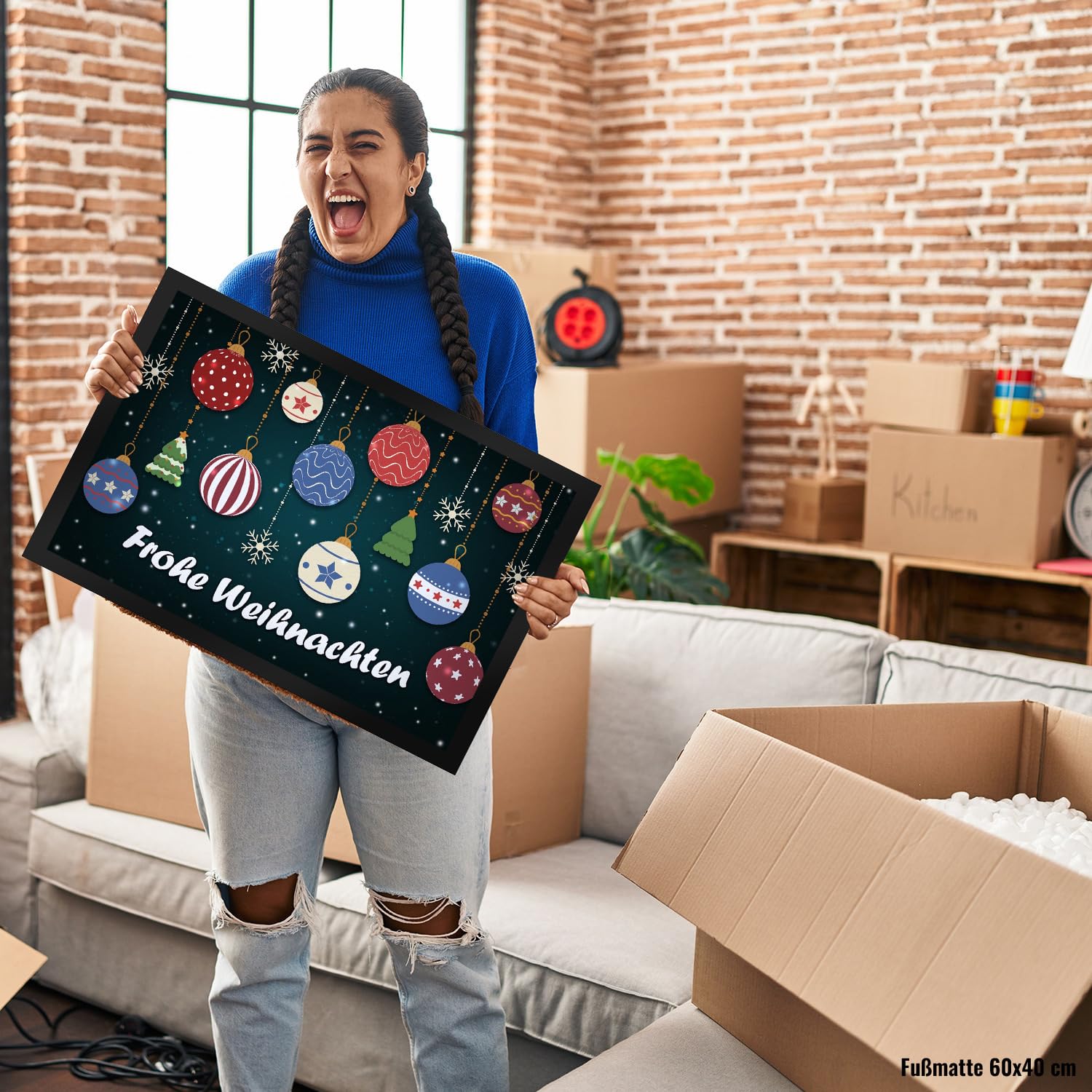 trendaffe - Frohe Weihnachten Fußmatte XXL mit Christbaumkugeln Motiv