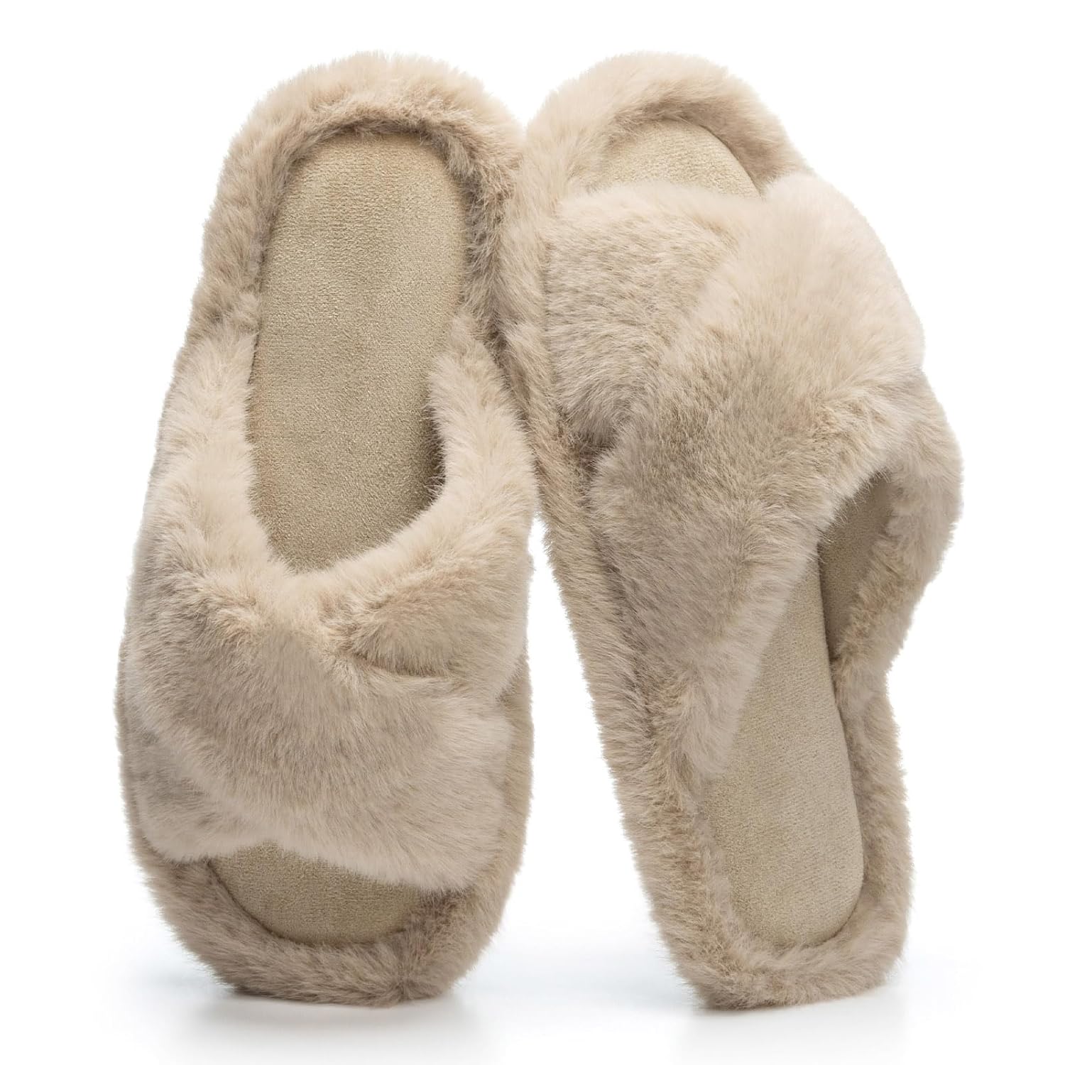 Womens Fuzzy Slippers Cross Band Slippers for Women House Shoes for Women Memory Foam Open Toe Quiet
