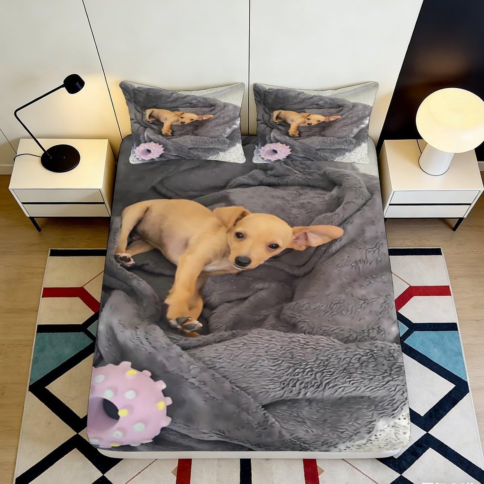 3D Printed Puppy and Toy Fitted Sheet Microfiber Soft Grey Animal Bed Cover for Bedroom Dorm Easy Care 90x200x25cm