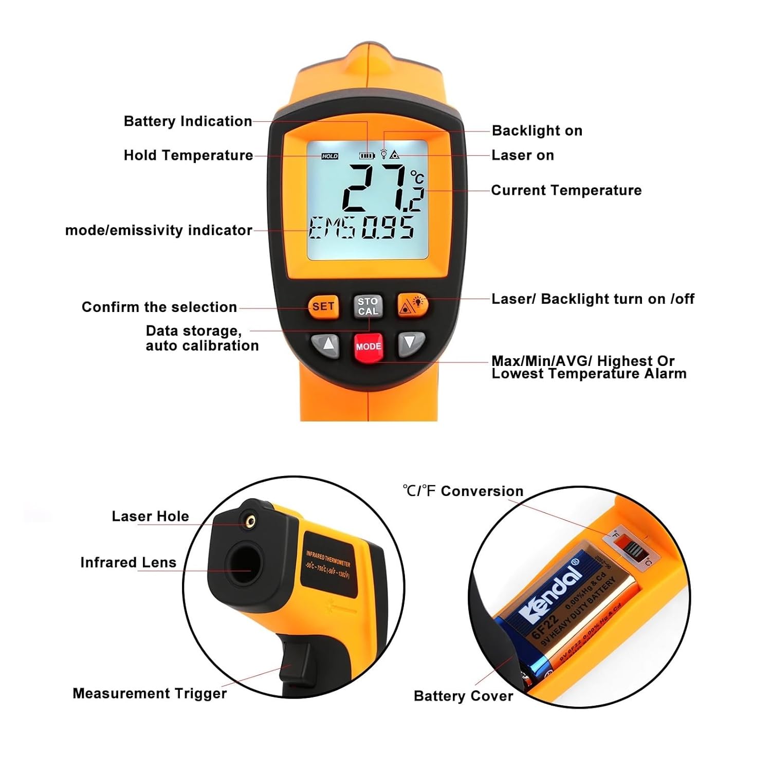 Infrared Thermometer Non-Contact Temperature Meter Gun Handheld Digital LCD Industrial Outdoor Laser Pyrometer IR Thermometer(GM700)