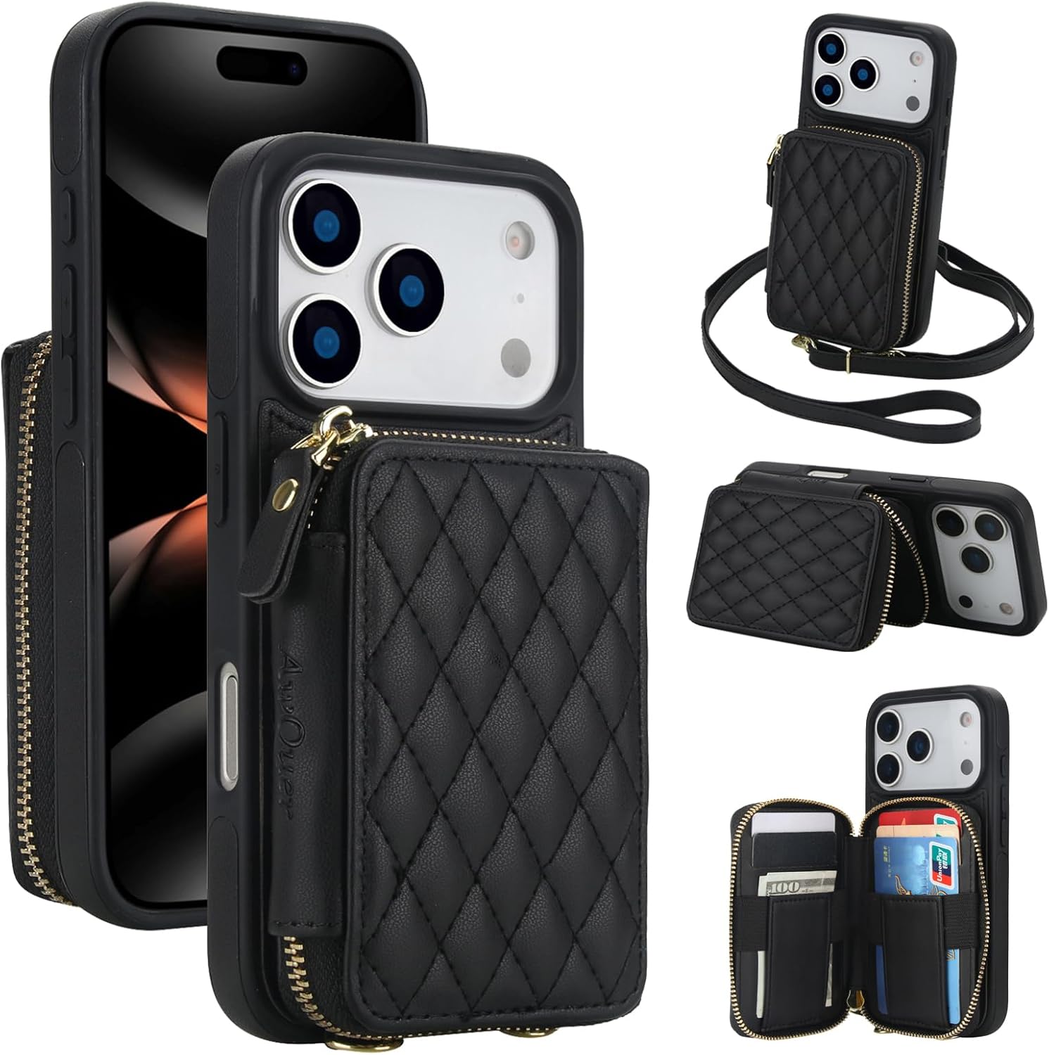 RFID Blocking Crossbody Zipper Wallet Leather Phone Case for iPhone 17 Pro Max Women (Black)