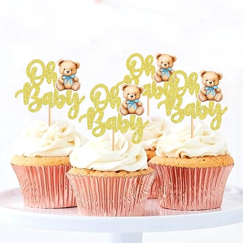 Miniatura 3 de 24 piezas con texto en inglés We Can Bearly Wait Oh Baby Cupcake Toppers Bear Cupcake Picks Caricatura Decoración de Cumpleaños Baby Shower Cake