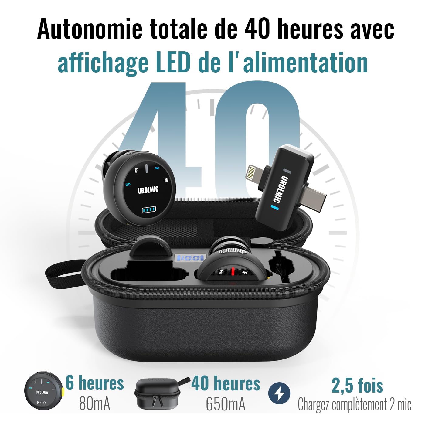 Micro Cravate Sans Fil 2-en-1 Compatible iPhone Android, Autonomie 40h, Portée 55m, Réduction du Bruit, Fixation Magnétique, pour Enregistrement Podcast