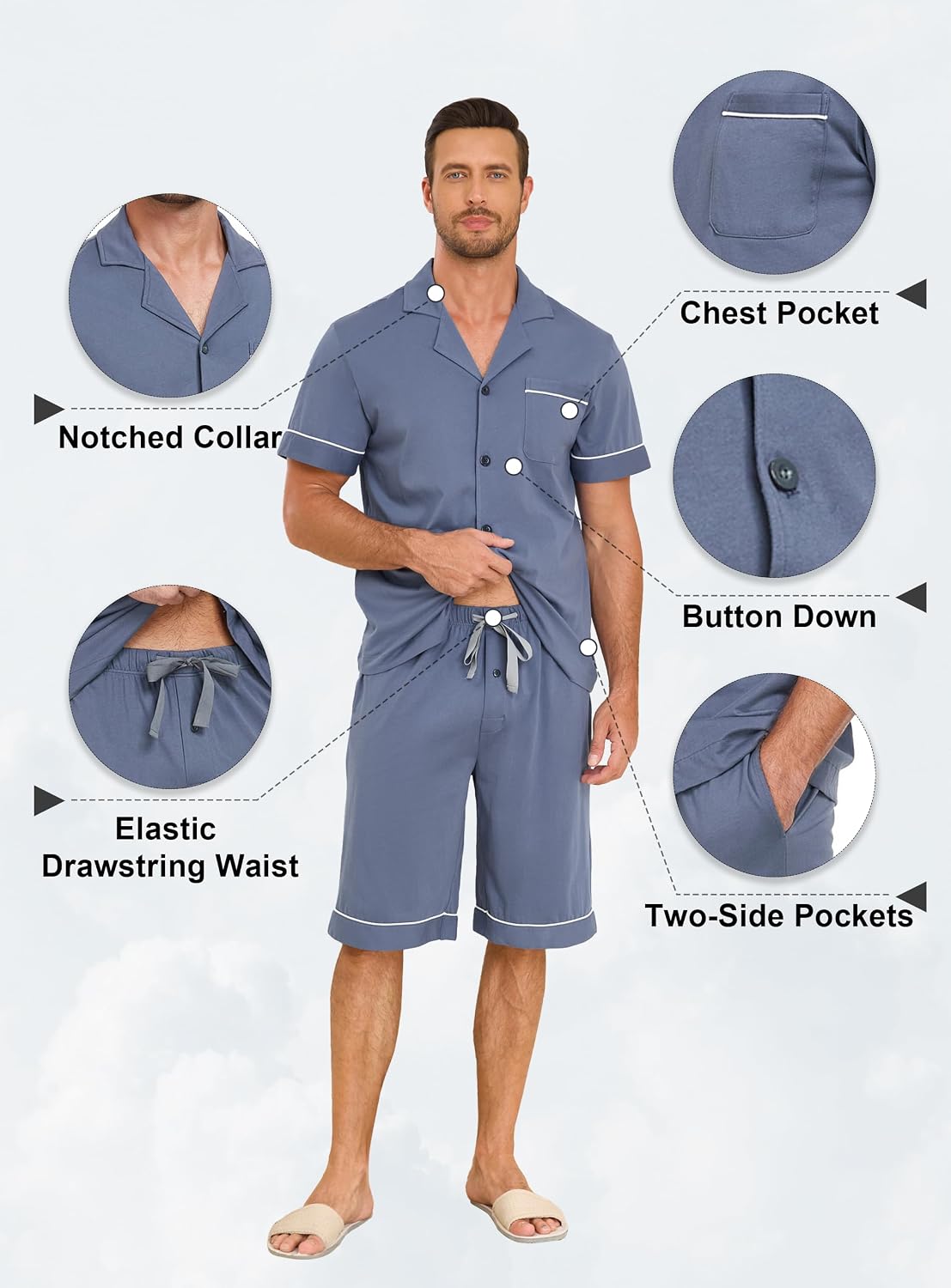 EA'S SECRET Mens Pajamas Set 100% Cotton Short Sets For Men Classic Button Down Sleepwear Summer Mens Pjs Sets With Pockets