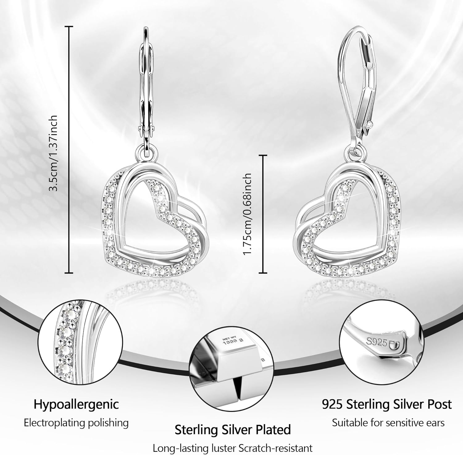 925 Sterling Silver Heart Earrings for Women, 14K Gold Plated Cubic Zirconia Dangle Earrings, Leverback Hypoallergenic Drop Earings for Women, Valentine's Day Gifts - Image 4