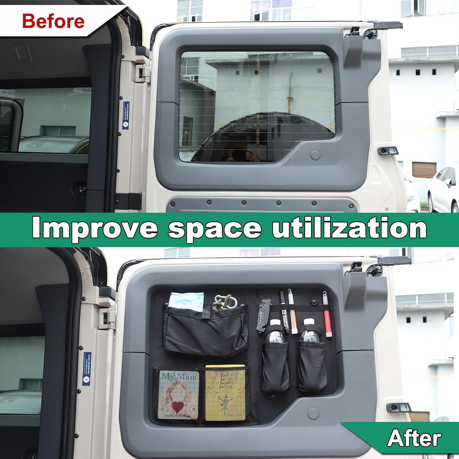 Tailgate Window Storage Bag Compatible with Ineos Grenadier 2020-2026, Trunk Tailgate Window Organizer, Black Oxford Cloth Vehicle Accessory (Style B，Left +right)