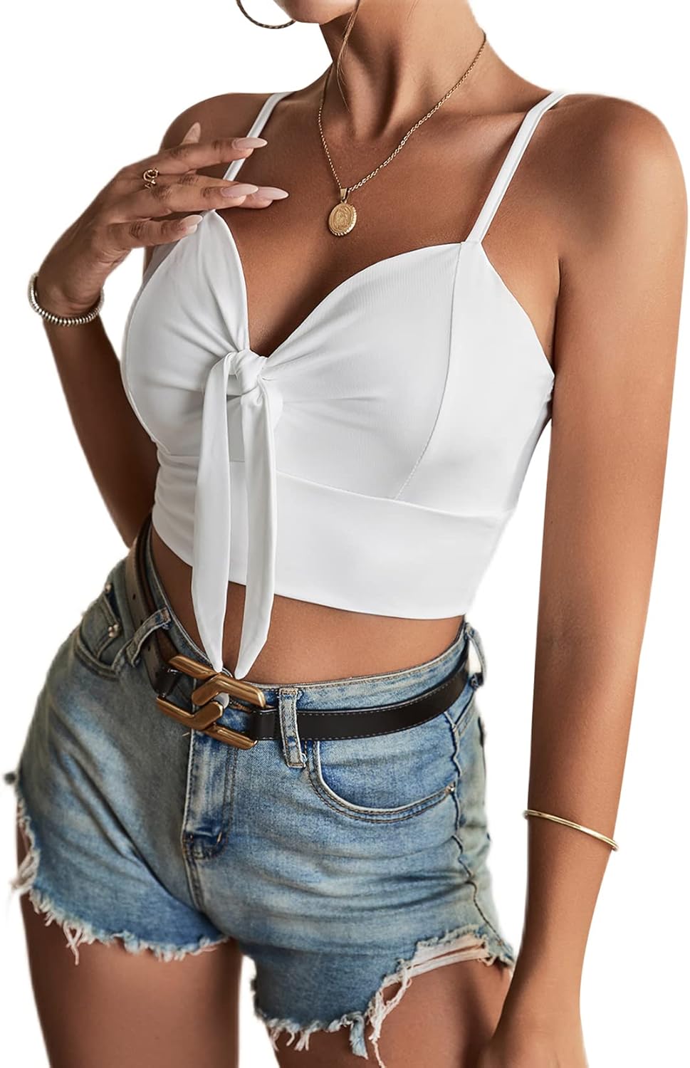 Rooscier Women's Sleeveless Tie Front V Neck Spaghetti Strap Sexy Crop Cami Tops White X-Large - Image 4