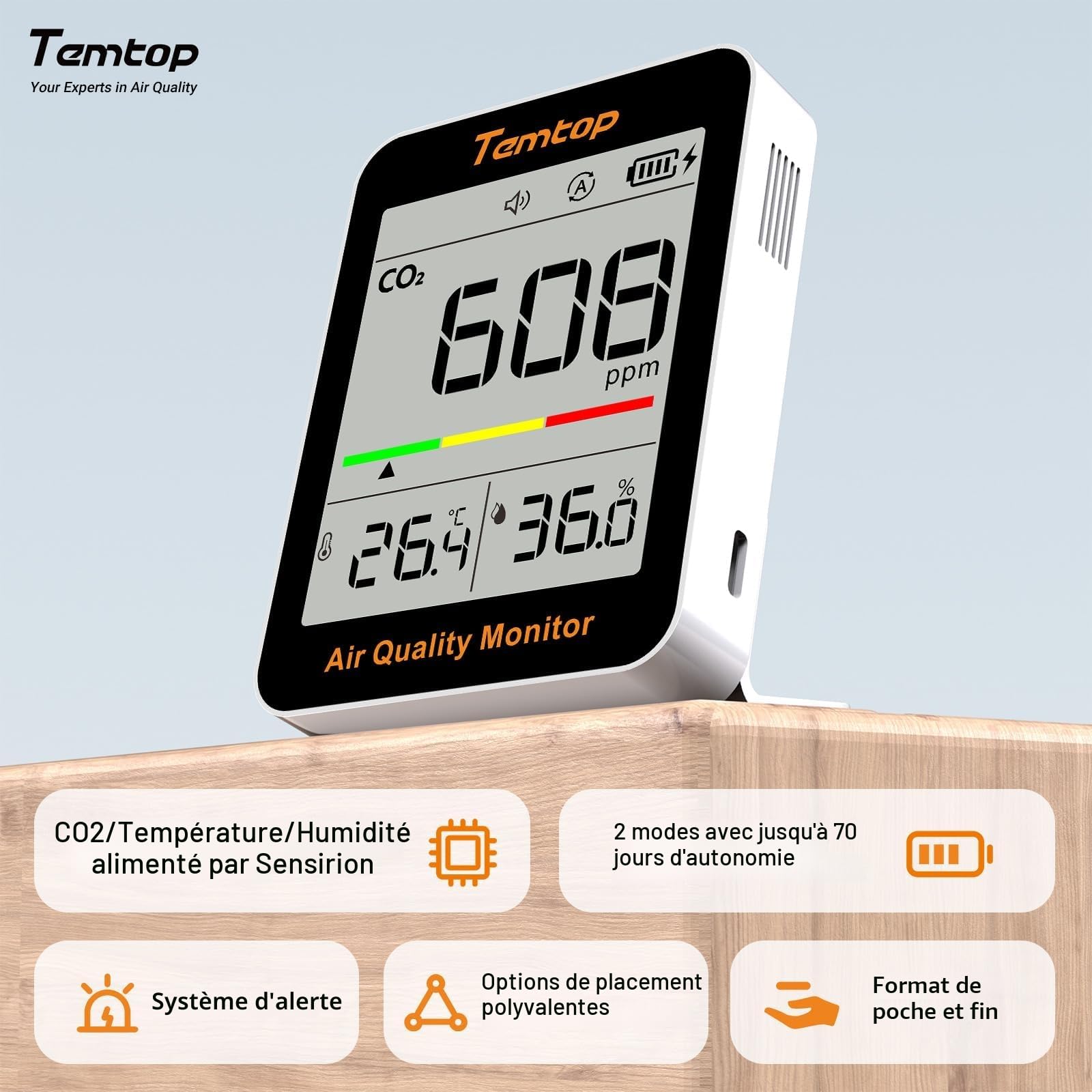 Temtop Moniteur de CO2 Dioxyde de Carbone Moniteur de Qualité de l'air Intérieur Portable, Capteur Mesure CO2 Température Humidité Temps pour Maison Bureau Ecole