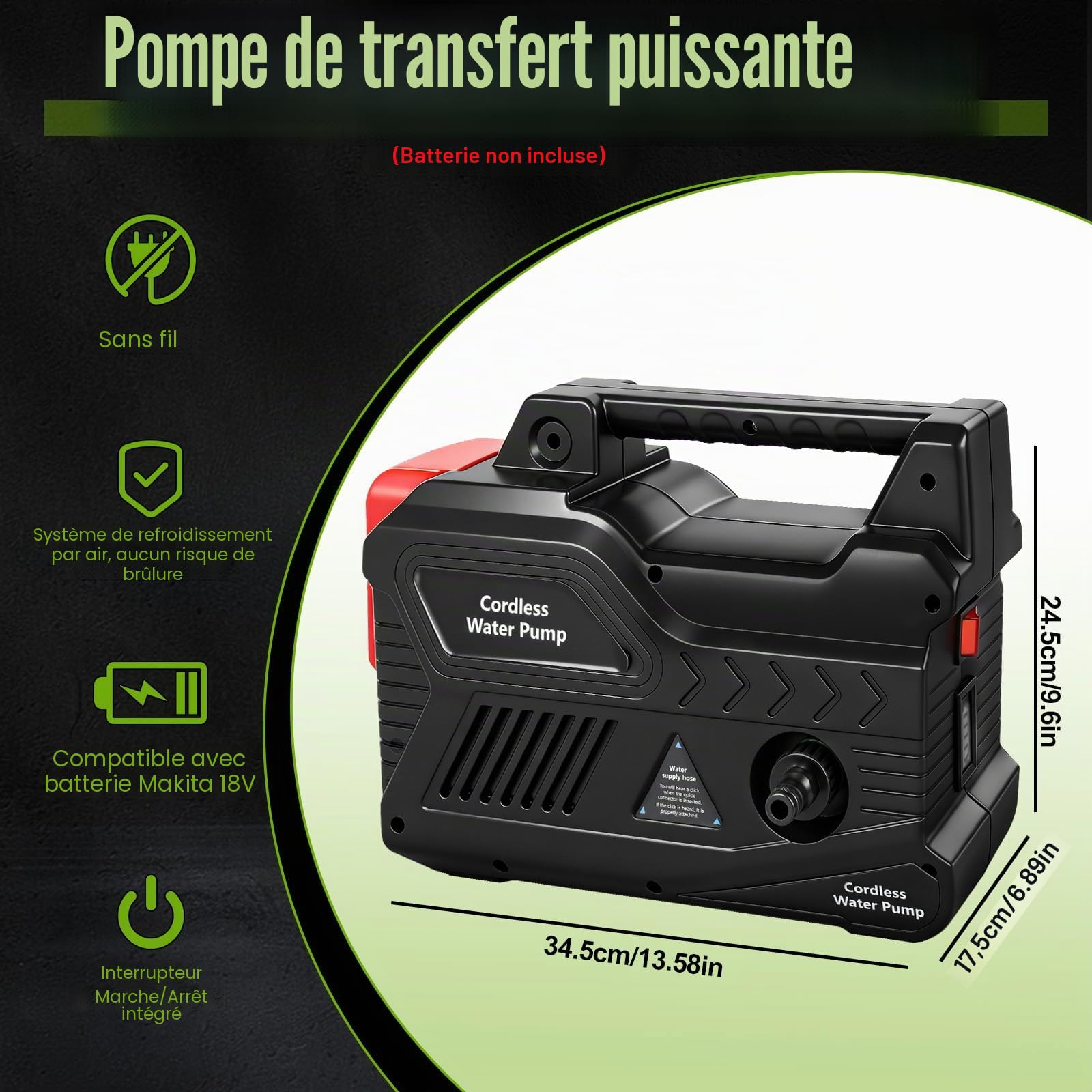 Roadtime Pompe à eau pour batterie Makita 18 V (sans batterie), pompe de jardin sans fil, pompe auto-amorçante portable, pompe d'arrosage 150 W avec tuyau de sortie d'eau de 10 m, tuyau d'entrée d'eau