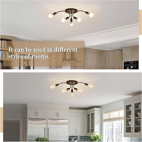 Miniatura 5 de ABEAJAT Candelabro Sputnik moderno negro, 6 luces de techo semiempotradas con base E26, lámpara de techo industrial vintage de mediados de siglo