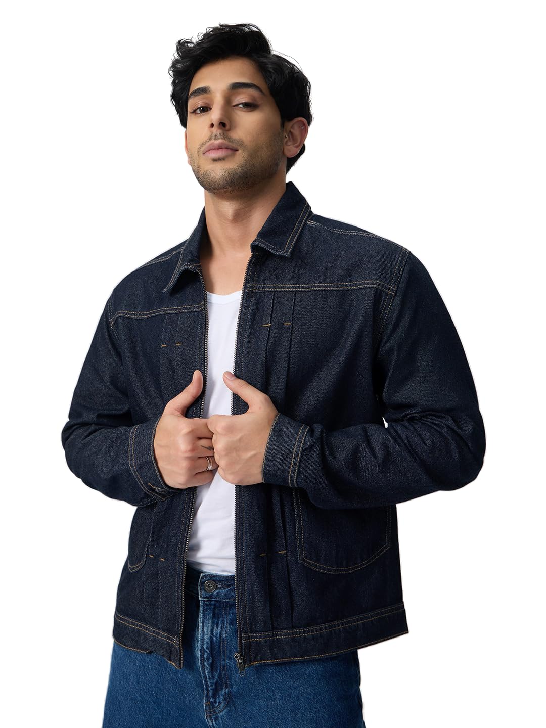Denim Jacket: Raw Blue Men and Boys Full Sleeves Spread Collar Solid Cotton Regular Fit Lightweight Everyday Easy to Style Streetwear Trendy Winter Layering Denim Jacket-image-35
