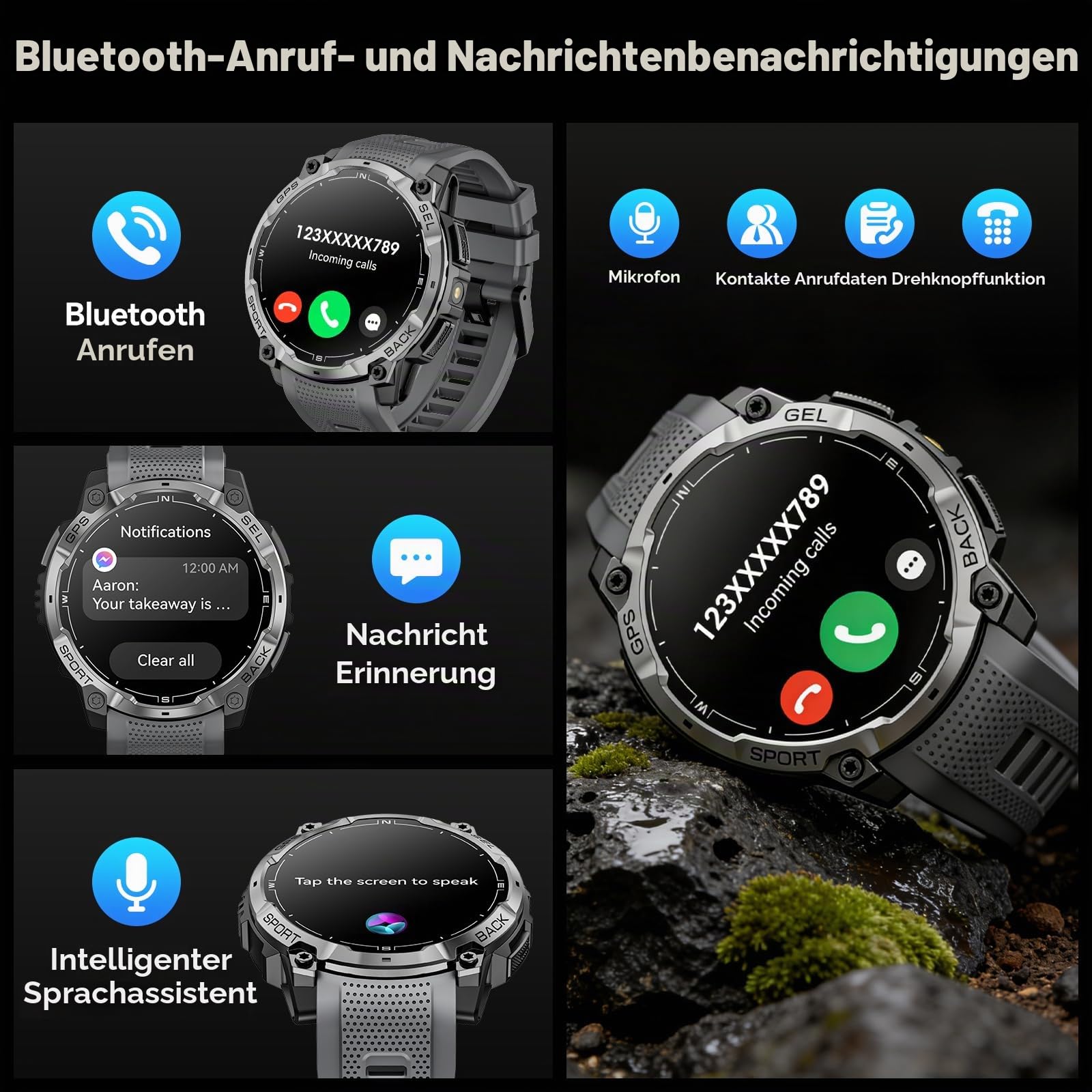 Militär Smartwatch Herren mit GPS, 1,43" AMOLED HD Fitnessuhr mit Bluetooth Anrufe, LED Taschenlampe, Kompass, 100+ Sportmodi, 3ATM Wasserdicht, Herzfrequenz, Smart Watch für iPhone Android