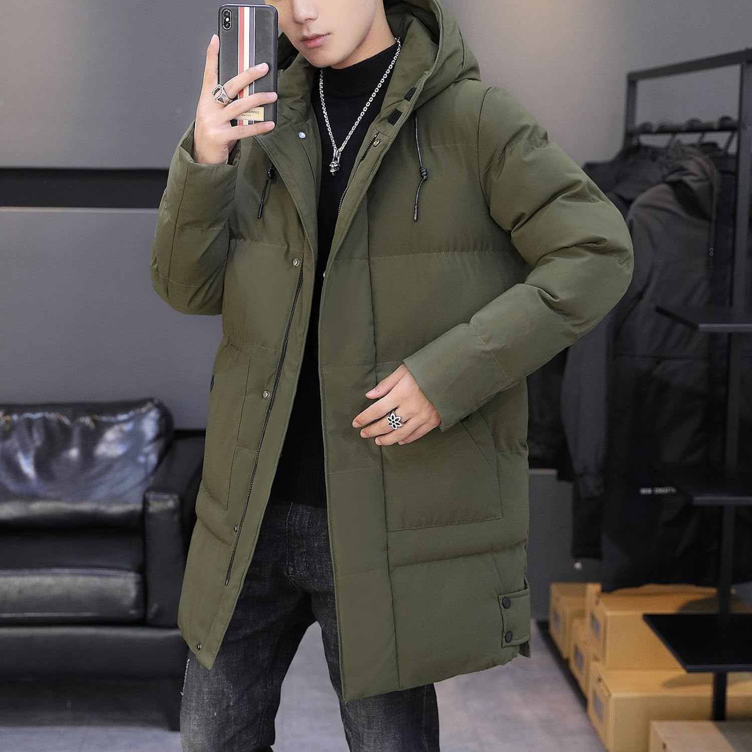 Giacca Lunga da Uomo in Piumino Calda e Leggera Cappotto con Cappuccio Caldo Giacca Trapuntata Calda Impermeabile Giacca Invernale Spessa Giacca da Neve.