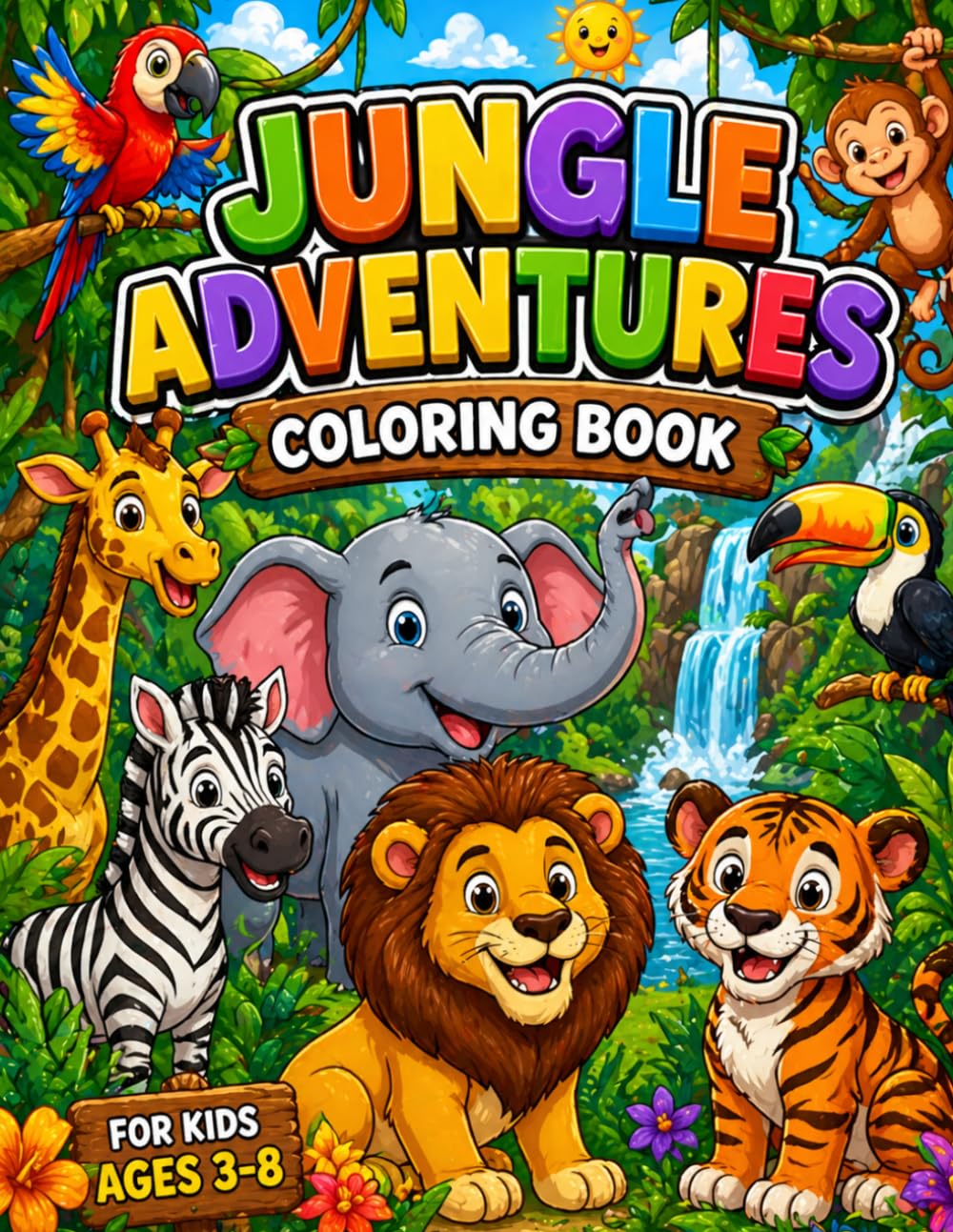 Jungle Adventures Coloring Book: Fun Animal Coloring Pages with Lions, Tigers, Elephants, Monkeys, Giraffes and More for Kids Ages 3-8 (Adventures Coloring Book Series)