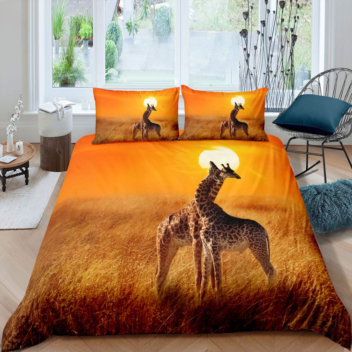 Giraffe Duvet Cover for Kids Boys Zoo Animal Theme Comforter Cover Safari Wild Print Bedding Wildlife Design Quilt Cover SunNatural Theme Bedroom Decor 2Pcs Bedcloths Single
