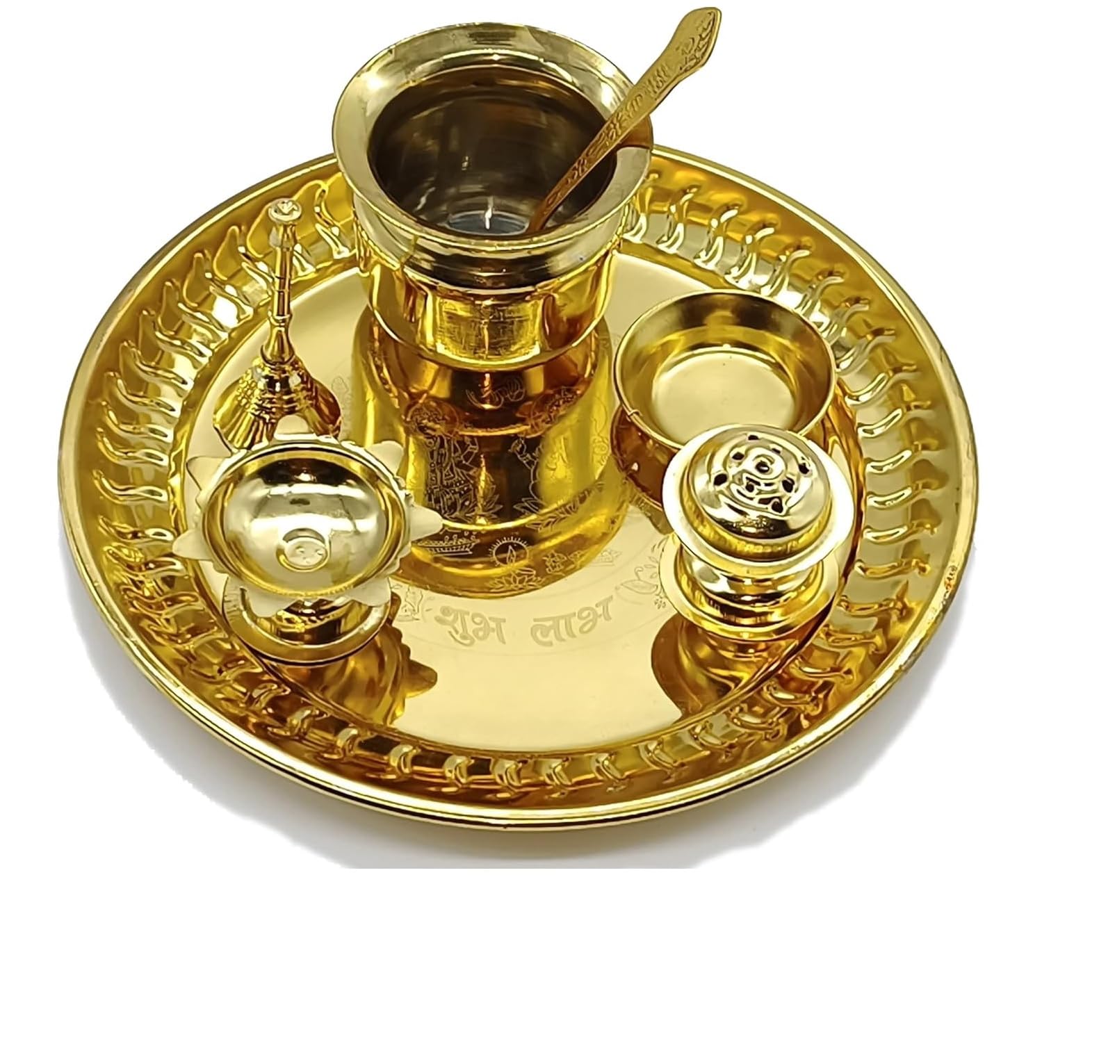 INDACORIFY Pooja Thali Con Diya - Set Da 7 Pezzi Placcati per Casa e Ufficio, Tempio, Puja Speciale, Diwali, Navratri - Regalo Di Ritorno (Color Oro)