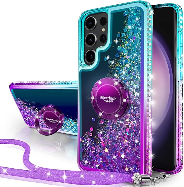 Miss Arts for Samsung S23 Ultra Case, [Silverback] Moving Liquid Holographic Glitter Sparkly Case With stand, Girls Women Bling Diamond Ring Slim Protective Cover for Galaxy S23 Ultra 5G -Purple