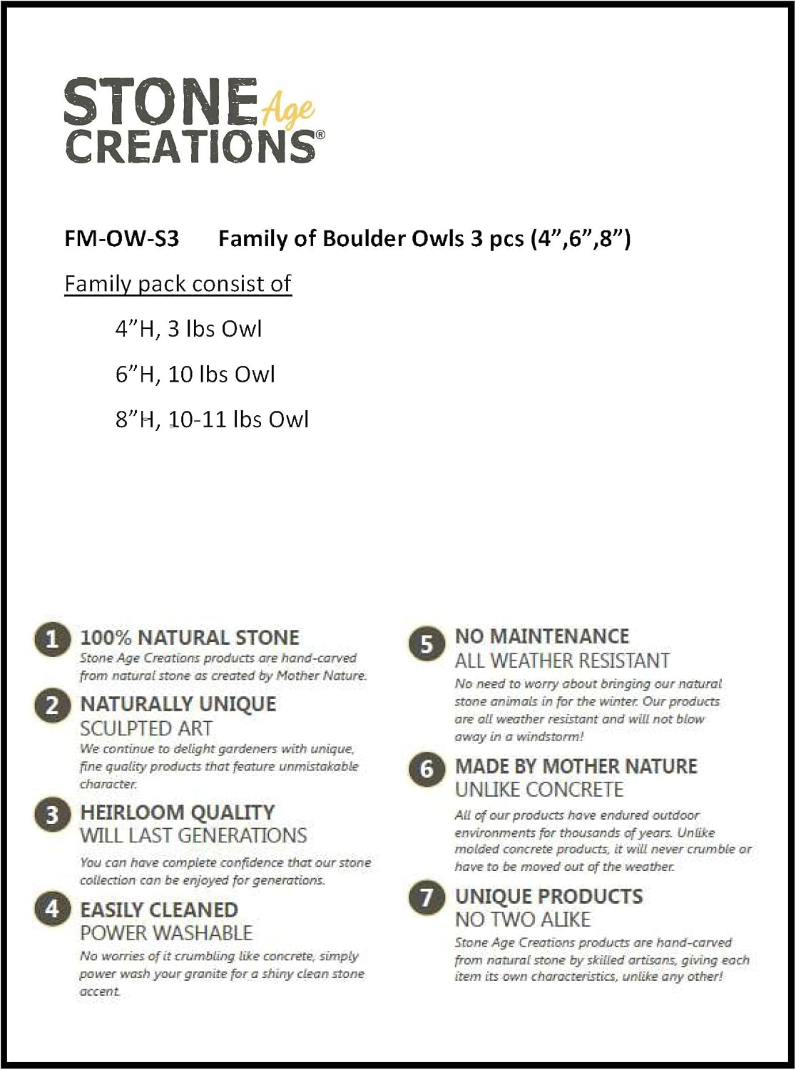 Boulder Owl Family – Set of 3 Hand-Carved Granite Garden Statues – Natural Stone Animal Décor – 4", 6", and 8" Sizes – Eco-Friendly Outdoor Gift