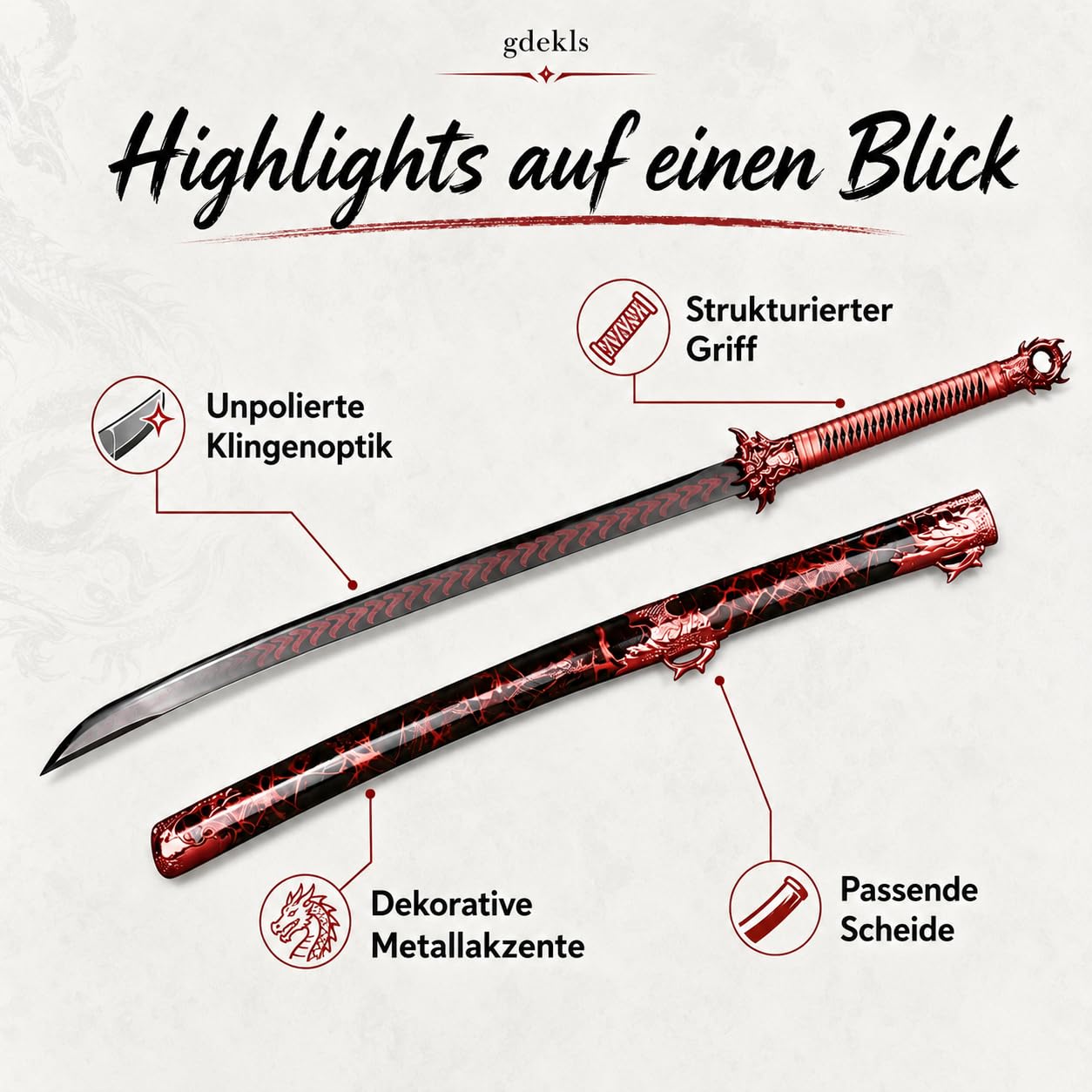 Claw Dragon Katana Schwert 103,5cm – Dekoratives Samuraischwert mit Drachen-Design, Edelstahl Klinge Nicht geschärft, schwarz-rot Fantasy Deko Schwert für Sammlung, Cosplay & Wanddekoration