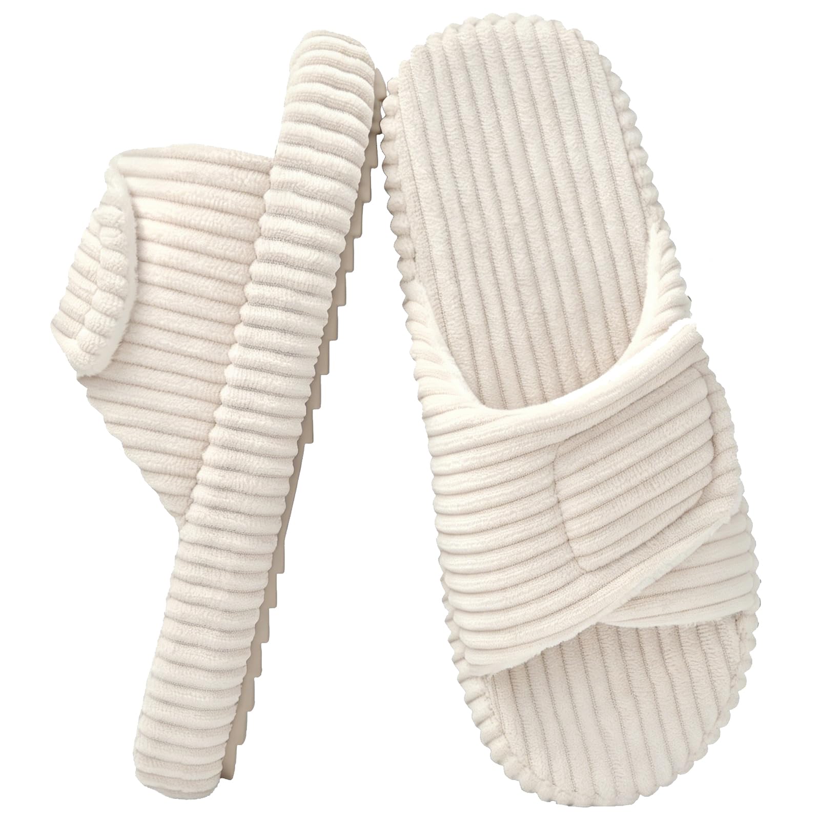 Misolin Hausschuhe Damen With Memory Foam Kordsamt Verstellbarer Klettverschluss Pantoffeln Bequeme Cord offene Zehen Slippers Indoor