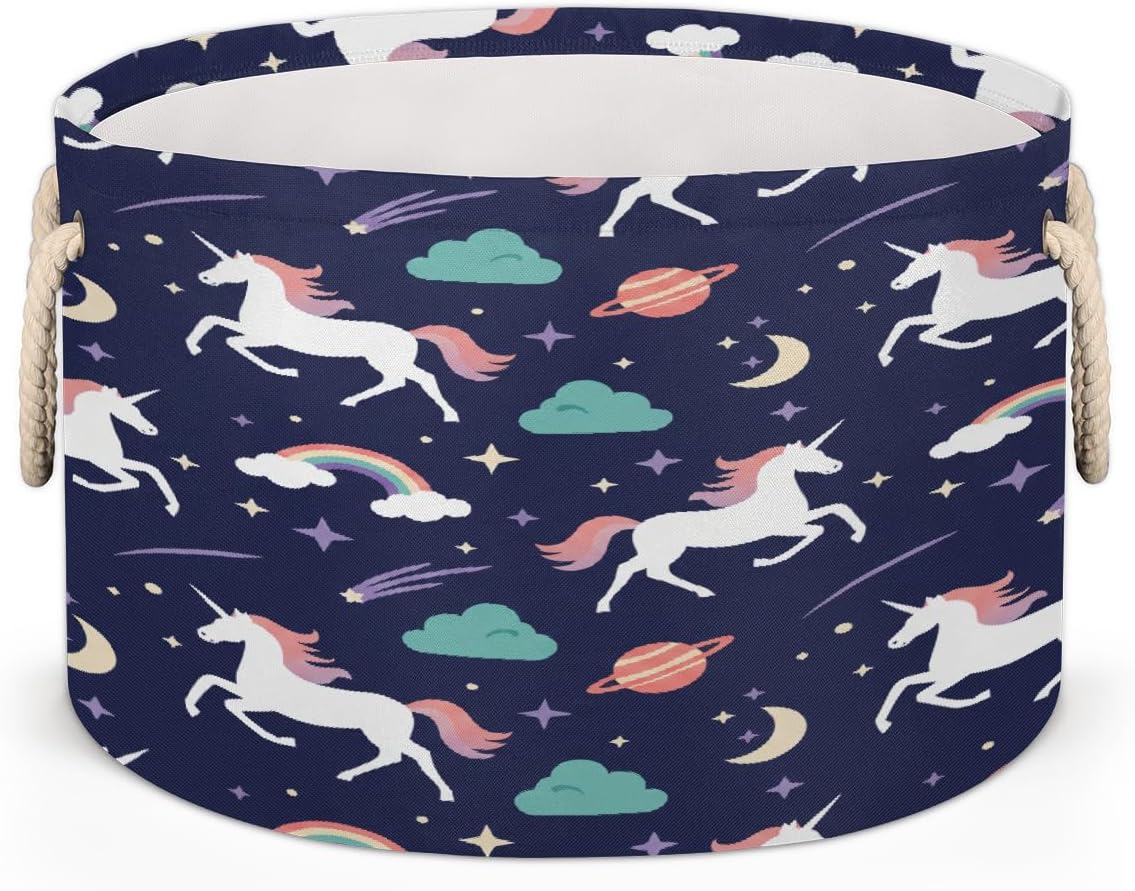 Large Storage Baskets - Space Unicorn Nursery Round Collapsible Organizer Bin Box, Laundry Hamper for Kids Toys, Blanket, Bedroom Living Room Home Decor, Gift Basket, 19.4"x13.3"