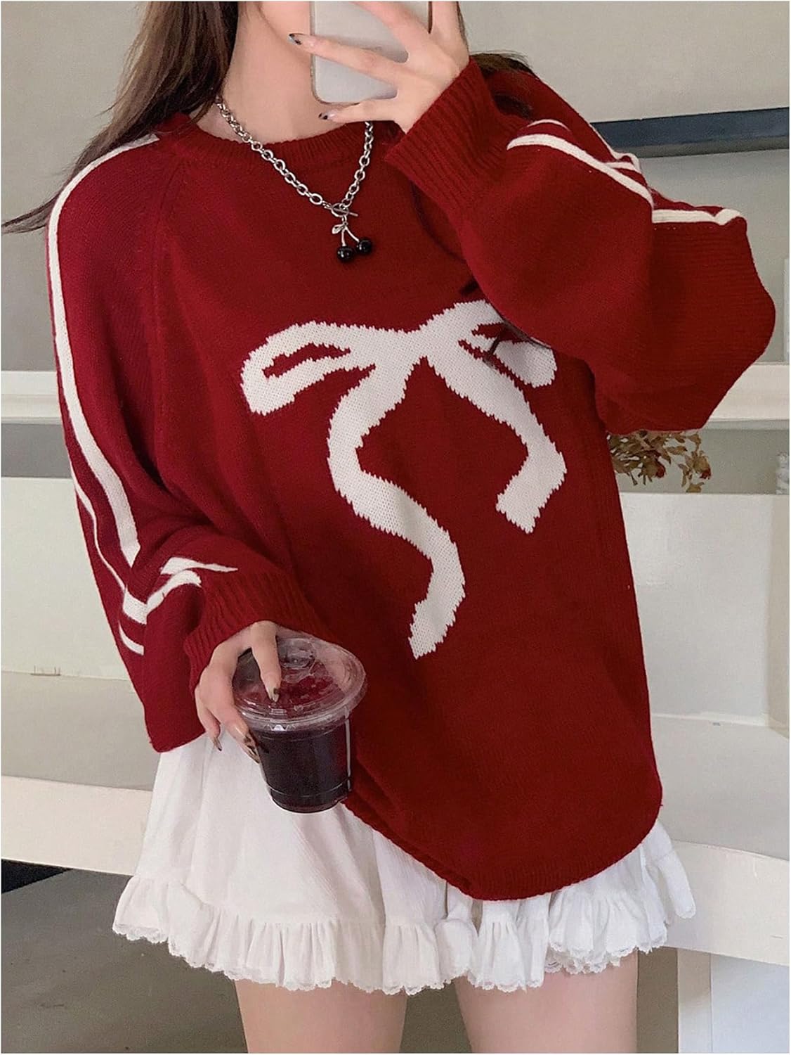 SweatyRocks Women's Bow Sweater Oversized Long Sleeve Crewneck Pullover Sweaters Fall Winter Outfits - Image 2