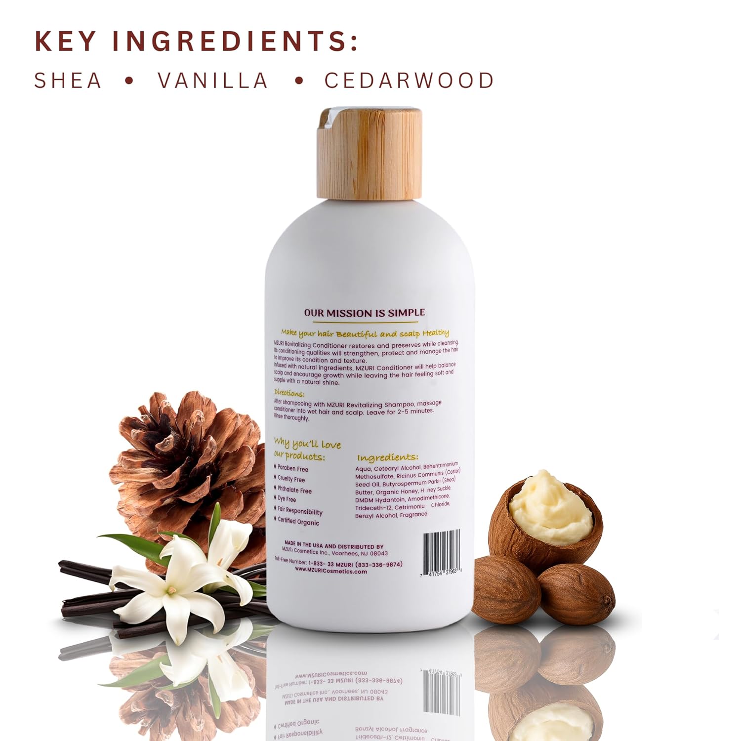 MZURI Revitalizing Conditioner with Shea Butter, Vanilla, & Cedarwood, Moisturizing, Hydrating, and Deep Conditioning Treatment for Frizzy, Dry, Hair, Restorative Leave-In Formula - 16 Fl. Oz