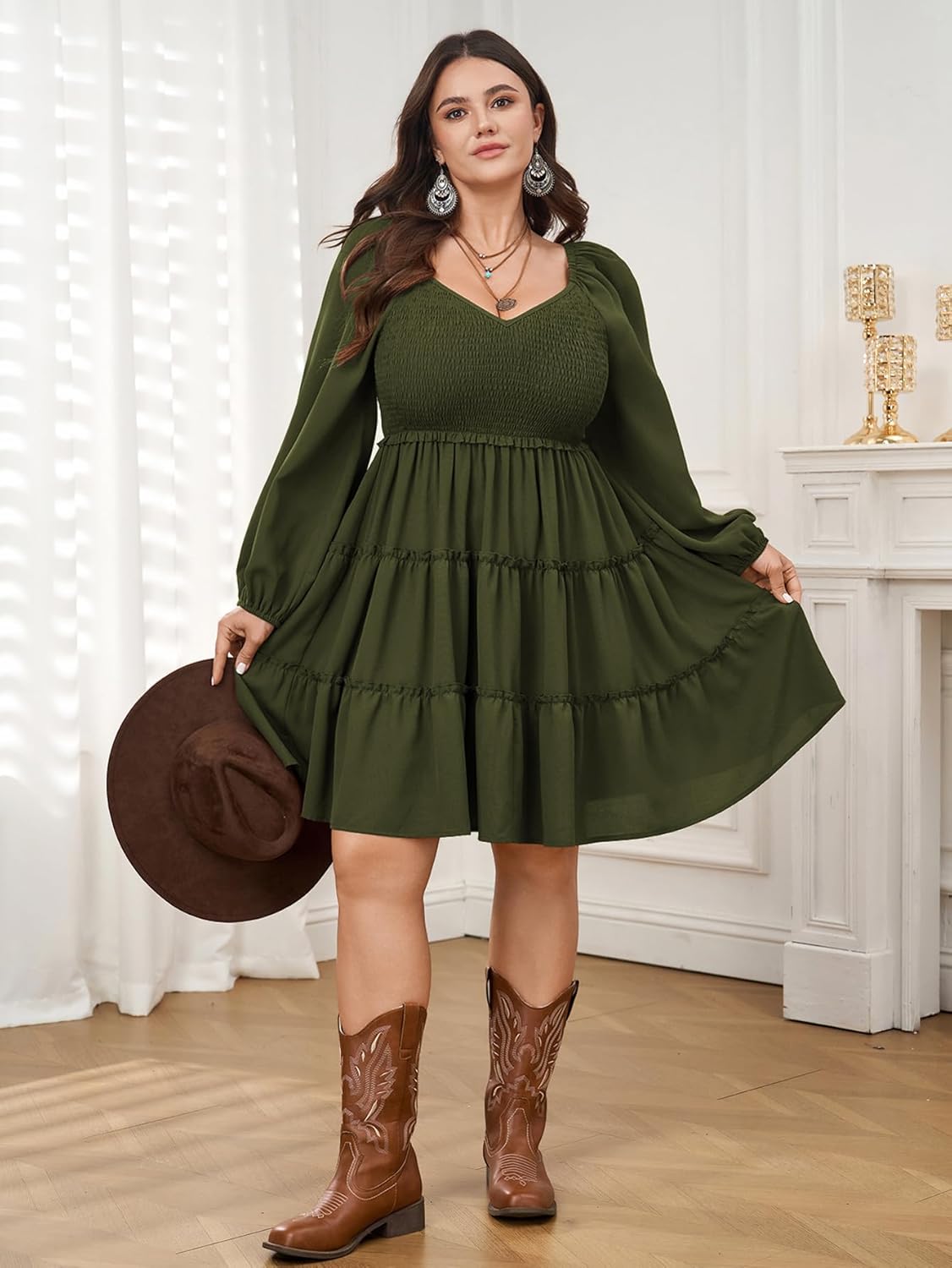 Plus Size Dresses for Curvy Women Smocked Long Sleeve Tiered Flowy Cute Short Fall Mini Dress - Image 2